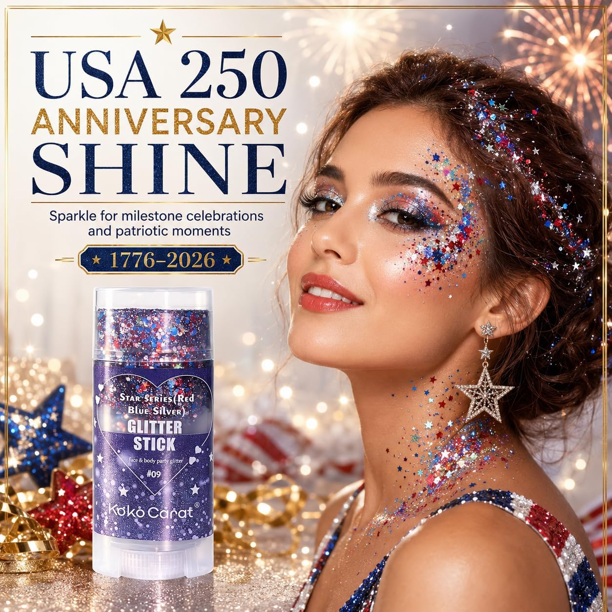Red White and Blue Body Glitter Stick for Women, Patriotic Face & Hair Glitter for 4th of July Makeup, USA 250th Anniversary Merchandise 4th of July Outfits Soccer Game Day Accessories
