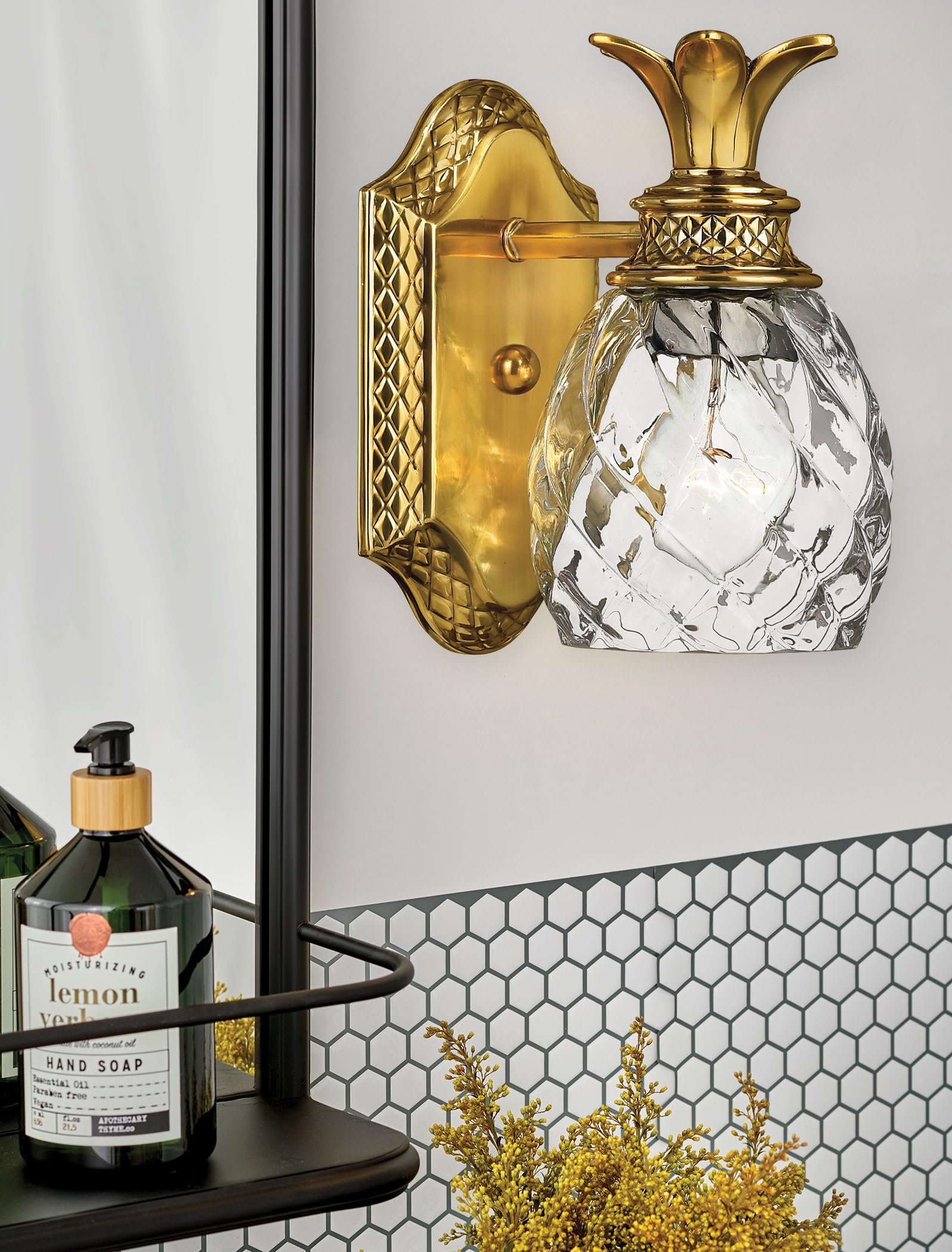 Hinkley Plantation Small Single Light Bath Vanity Sconce - Pineapple Motif, 1-Light, Clear Optic Glass, Brass - Burnished Brass Finish