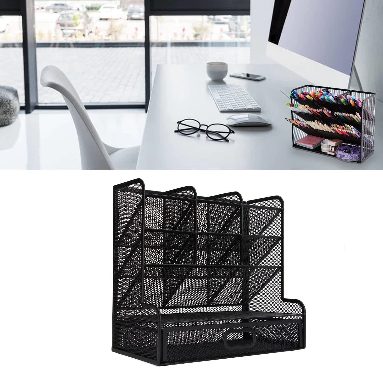 Organizer da scrivania in rete, design inclinabile 9 scomparti Cassetto inferiore Organizer da scrivania per ufficio Caddy stazionario in metallo Portapenne in rete con prospettiva