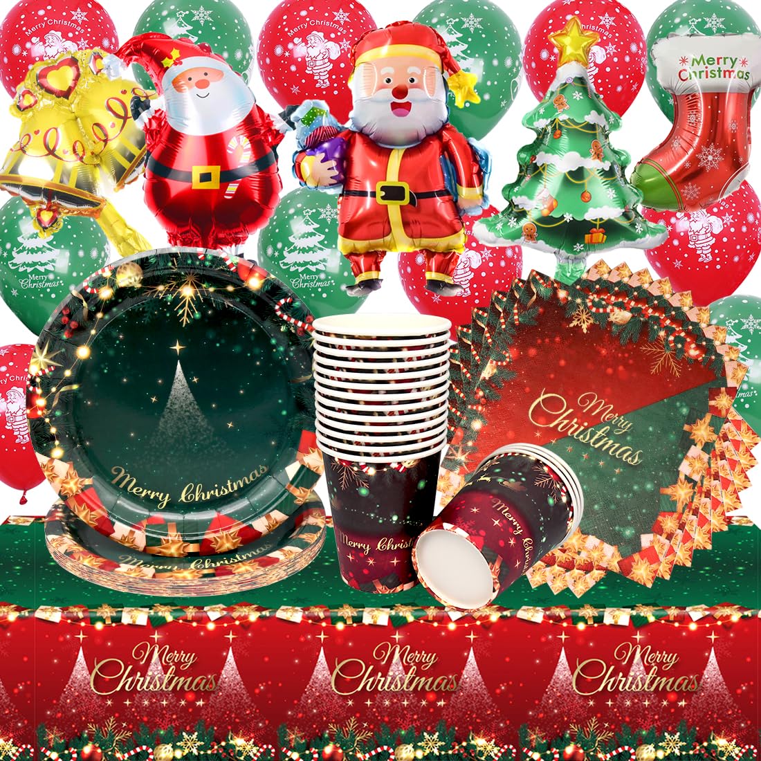 Doyomtoy Christmas Party Tableware Set, 70 Pieces Christmas Balloons Snow Merry Christmas Party Tableware Plates, Cup, Paper Napkin Party Table Decoration Party Tableware for 16 Guests