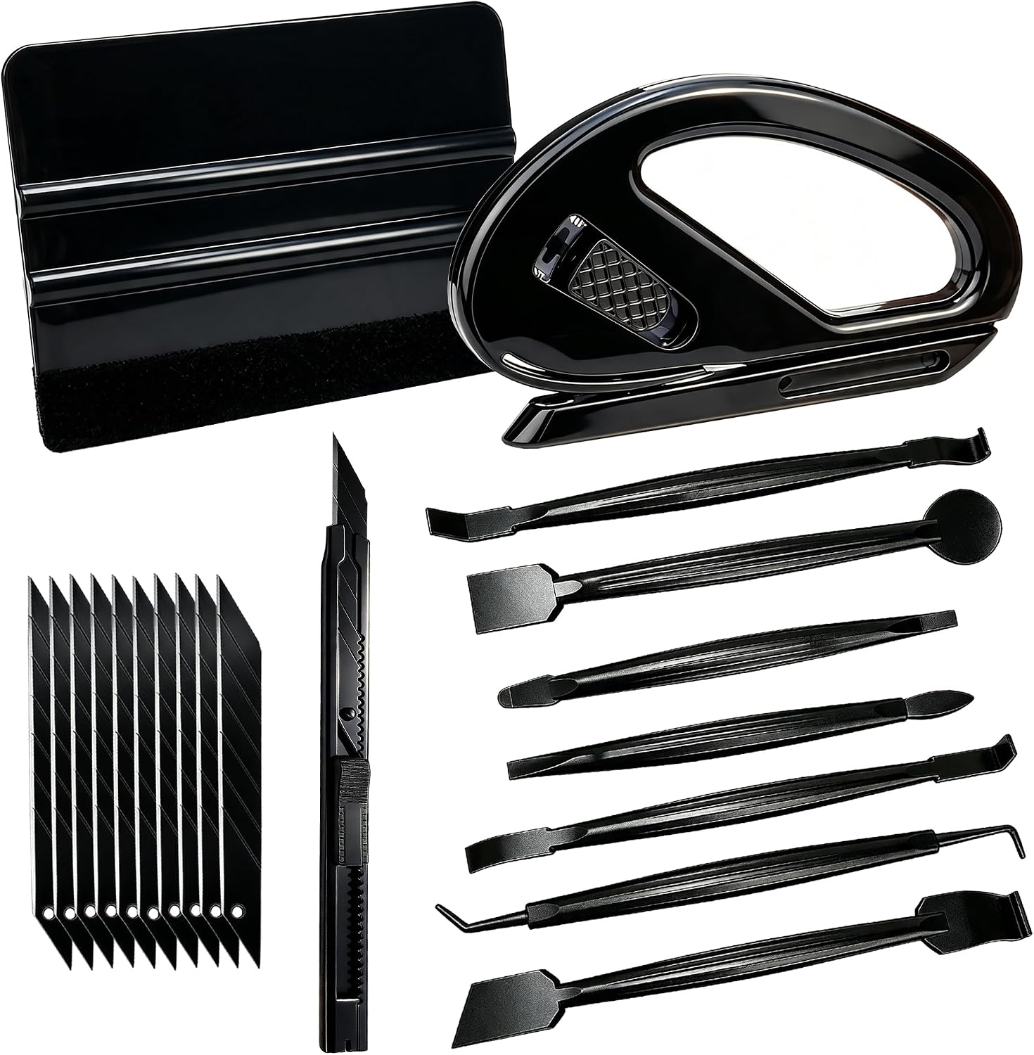 Car Wrapping Vinyl Tool Kit Window Film Tint Tools Kit with Car Edge Wrap Squeegee, Vinyl Felt Squeegee, 9mm Utility Knife with 10pcs Blades, and Safety Cutter