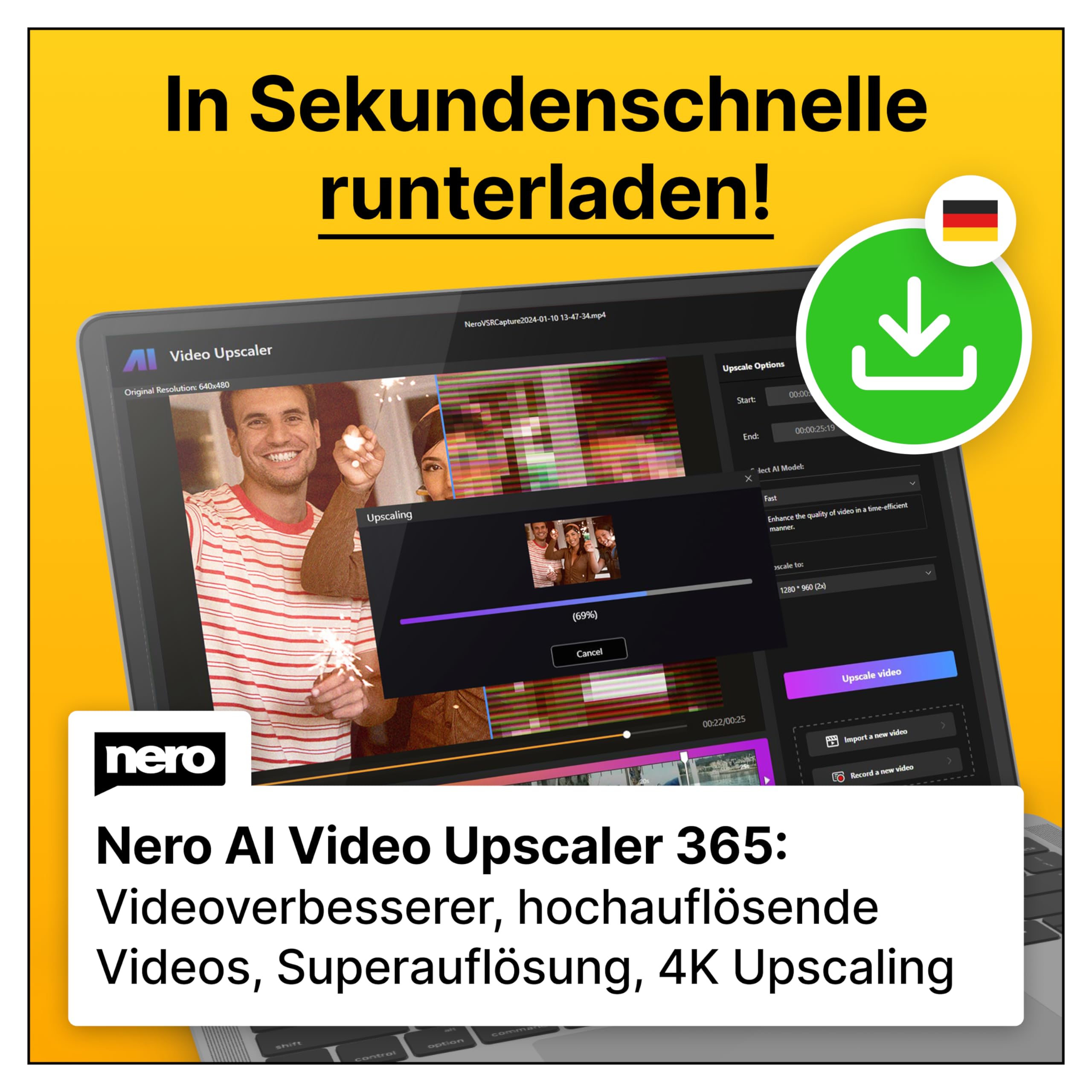 Nero AI Video Upscaler 365 | Videoqualität verbessern | KI | Superauflösung | Rauschunterdrückung | 4K Upscaling | Windows 11 / 10 | 1 Gerät | Jahreslizenz | Aktivierungscode per Email