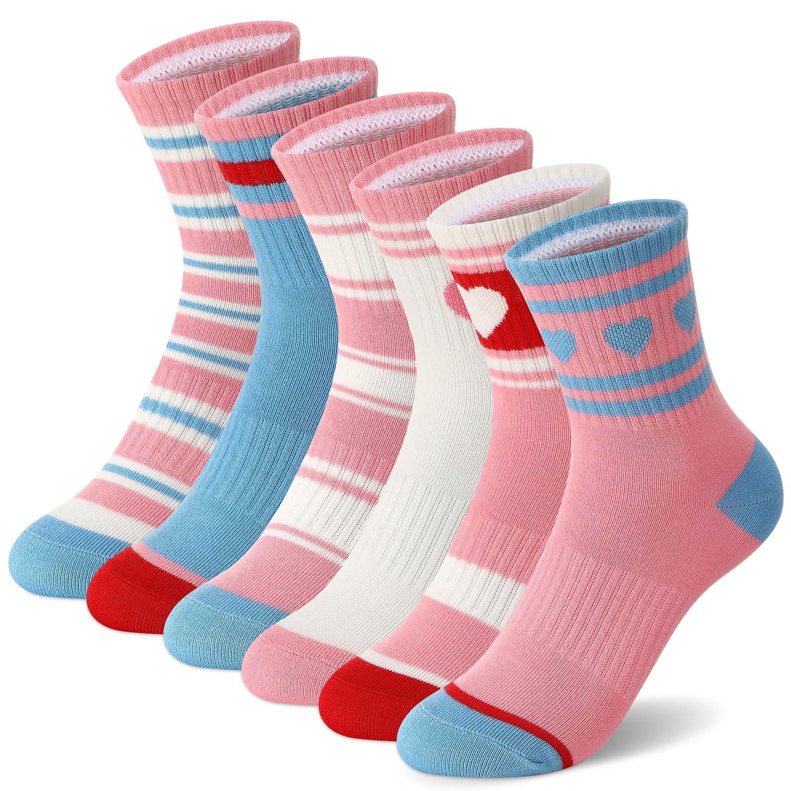 Partideal 6 Paar Kinder Socken, Mädchen Sportsocken, Baumwolle Crew Socken mit Streifen Herzen, Tennissocken für Mädchen 6-10 Jahre