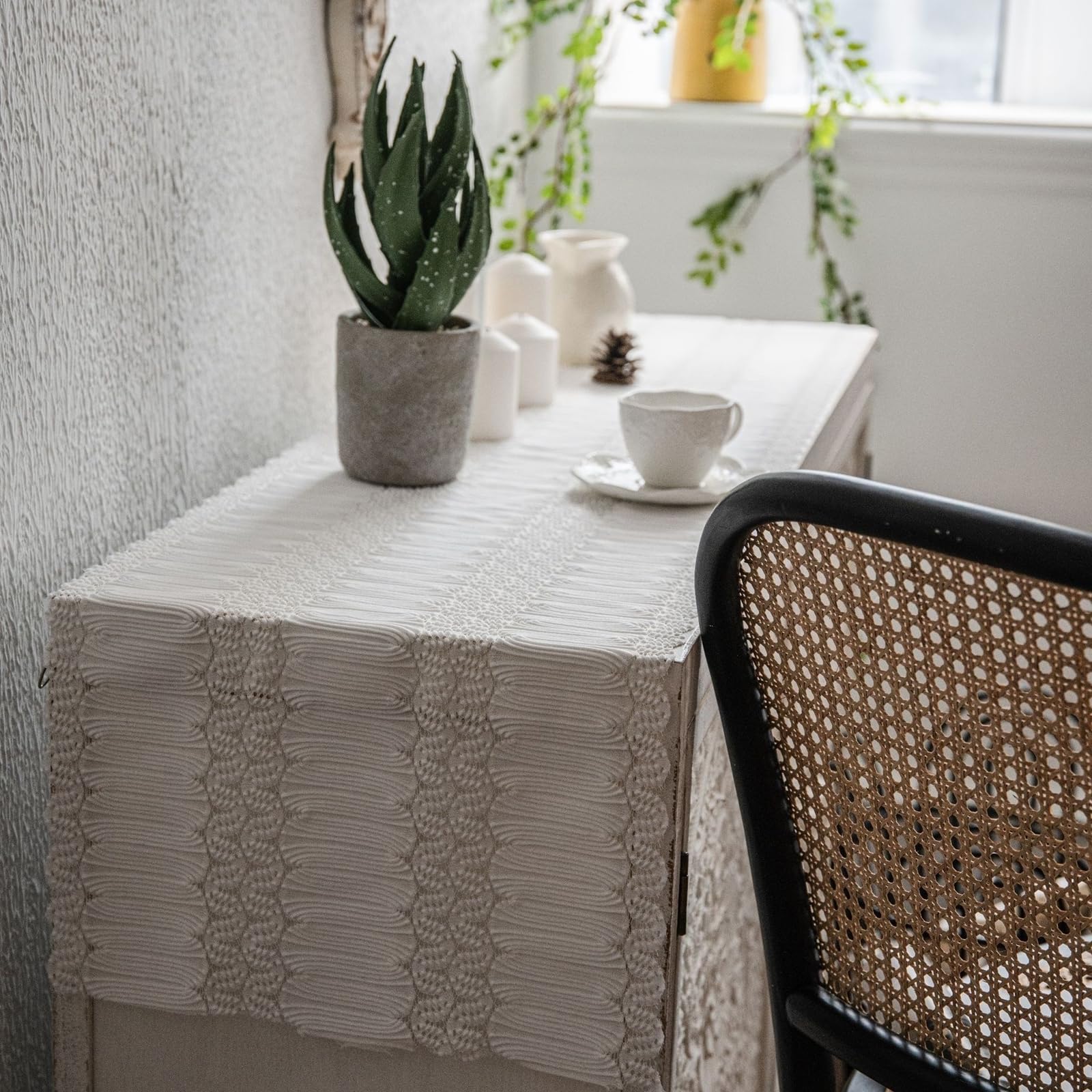 Tischläufer Polyester Wohnzimmer, Tischläufer Landhausstil 35x240 cm, Hohle Weiße Spitze