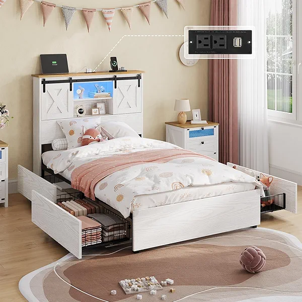 Hasuit Farmhouse Bed Frame Twin Size with 4 Storage Drawers, Wooden Platform Twin Beds with Charging Station and LED Lights, Rustic Kids Bed Unit with Storage Headboard and Sliding Barn Door