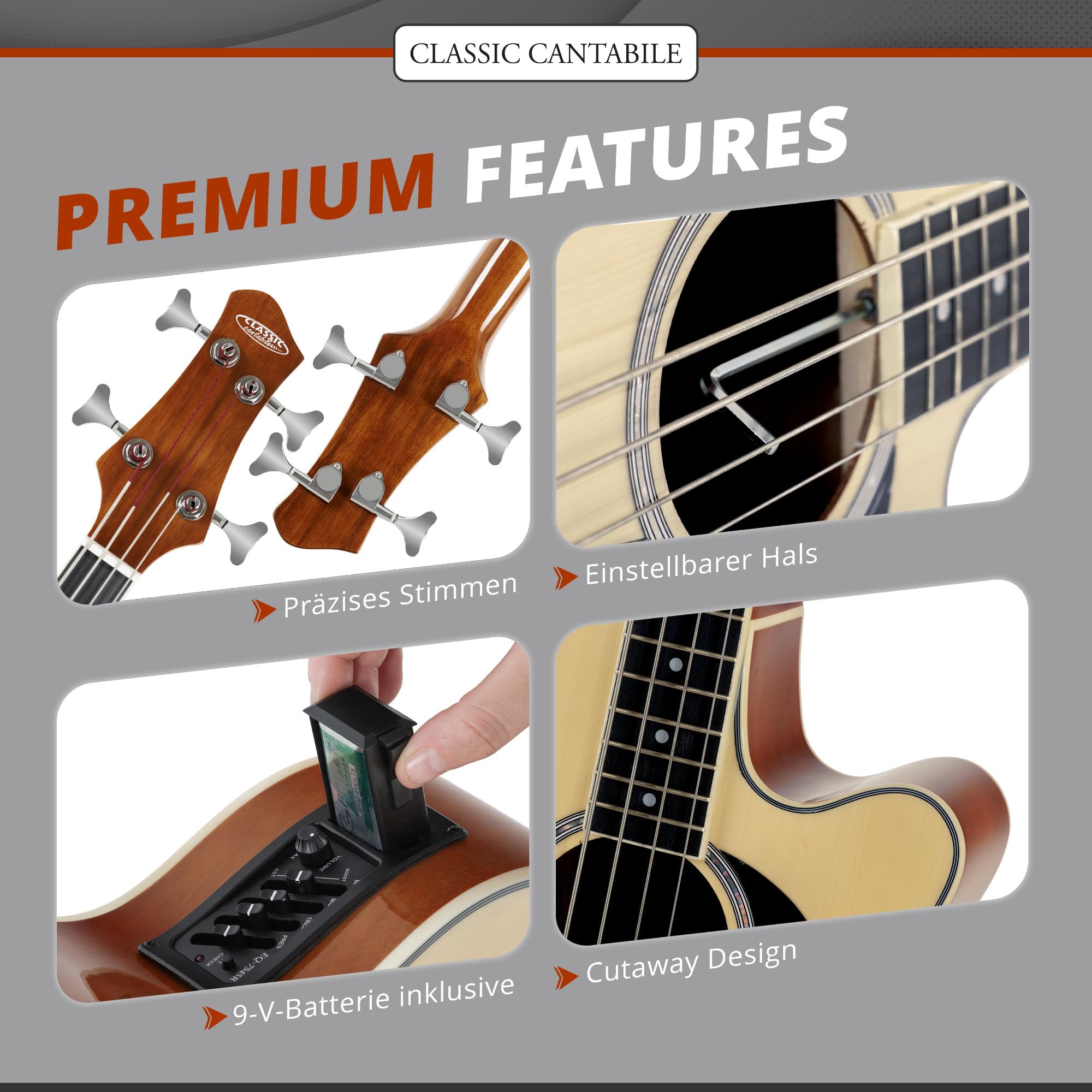 Classic Cantabile Short Scale Akustik Bass - 4 Saiten - Natural Gloss Finish - Piezo Tonabnehmer & Cutaway - Decke aus Fichte - Boden & Zarge aus Okoume - Ideal für Einsteiger & Unplugged Sessions