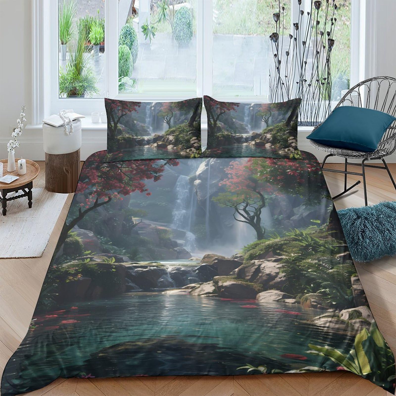 Ctjqhvkz Style-2 3D Printed Forest Waterfall Fitted Sheet Microfiber Scenic Nature Landscape Mattress Cover Bedroom Decor Single（135X200cm）