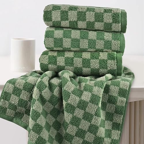 Miniatura 4 de Paquete de 4 toallas de mano suaves, juego de toallas faciales a cuadros verdes para baño, toallas de cocina decorativas de secado rápido, 13 x 29