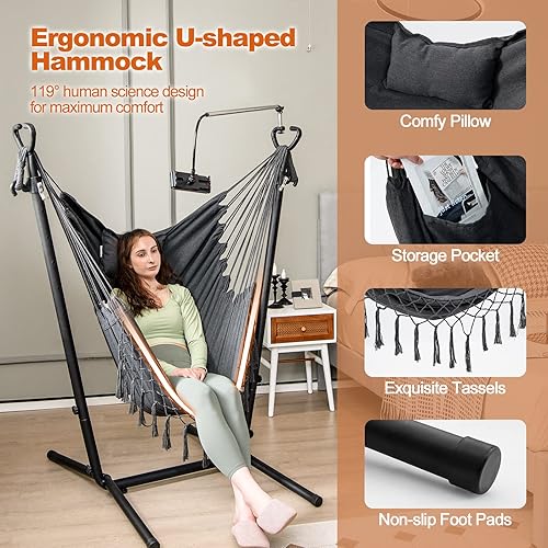 Miniatura 3 de Giantex Columpio colgante con soporte, hamaca con soporte para teléfono, almohada, bolsillo de almacenamiento, bolsa de transporte, 6 alturas