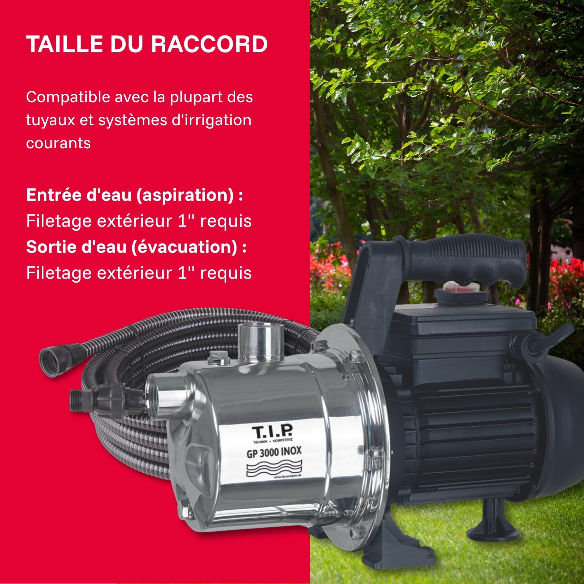 T.I.P. GP 3000 Pompe de Jardin en Acier Inoxidable Débit 2950 l/h Hauteur de Refoulement 42 m Pression d'Eau 4,2 bar Puissance 550 W avec Protection Thermique contre les Surcharges Couleur Argent Noir
