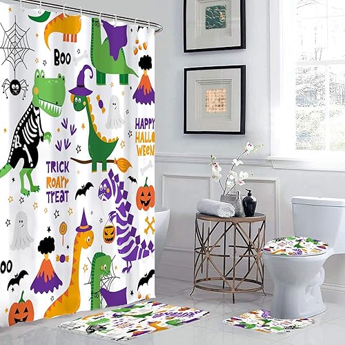 Miniatura 5 de Juego de decoración de baño de dinosaurio de Halloween para niños con bonita cortina de ducha y alfombras, juego de baño de dibujos animados de 4