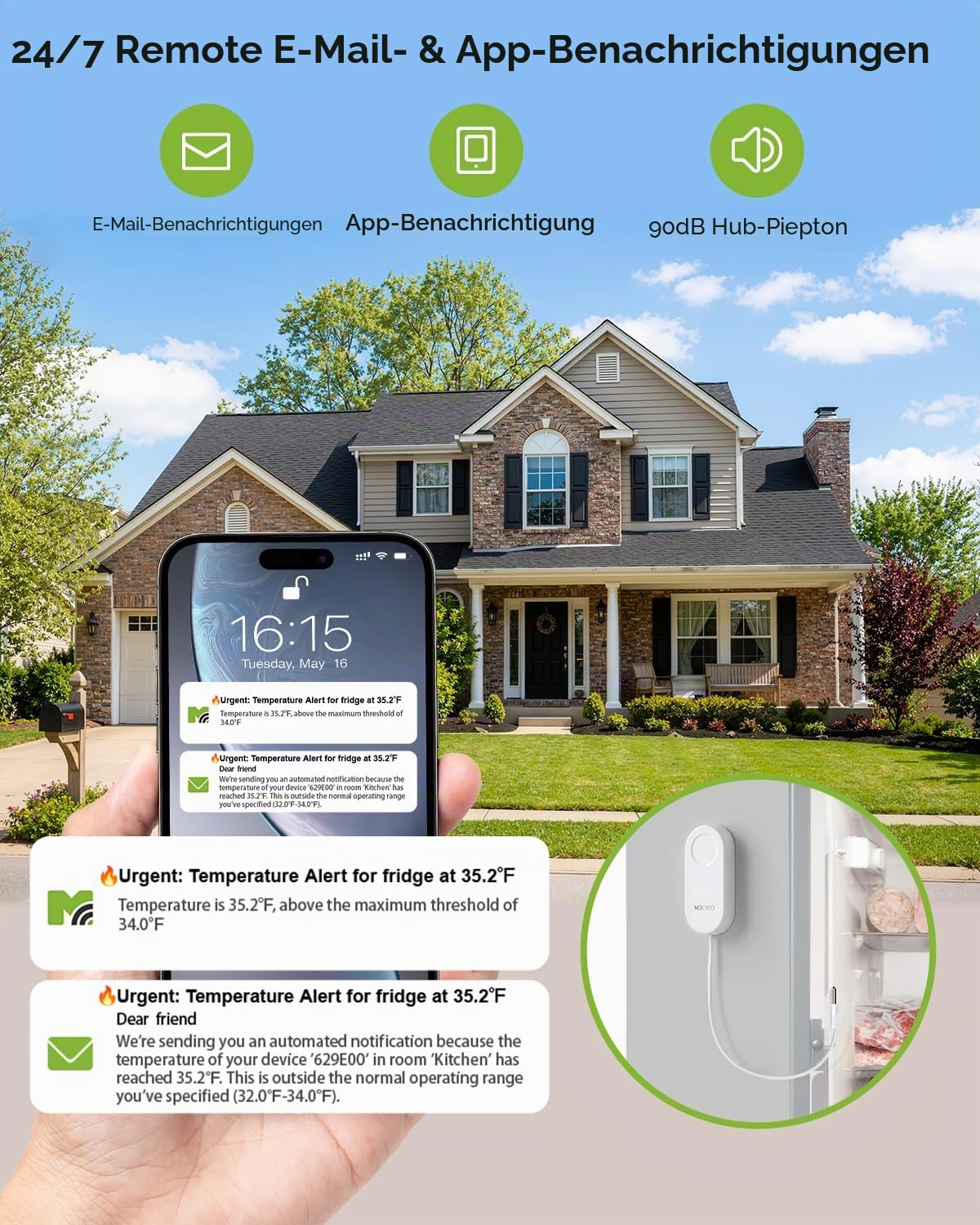 MOCREO WLAN-Thermometer, Gefrierschrank-Alarm, E-Mail-Benachrichtigung, App-Benachrichtigung, Datenaufzeichnungsexport, keine Abonnementgebühr, kabelloser Temperatursensor für Kühlschrank,