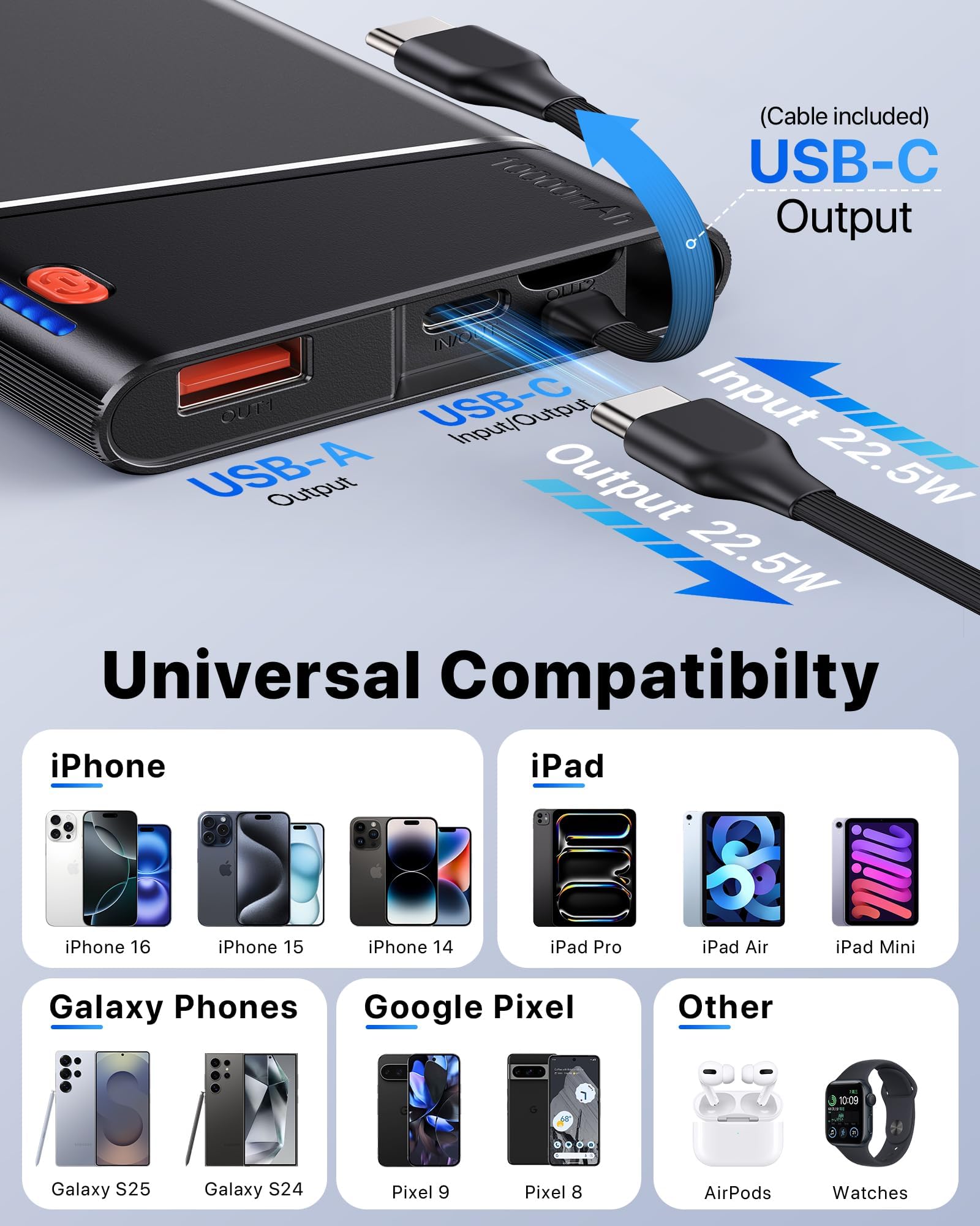 Aaoyun 10000mAh Portable Power Bank, 22.5W PD Fast Charging Battery Pack with Built-in USB-C Cable, Ultra-Slim External Phone Charger for iPhone 17/16/15, Samsung Galaxy S24, Android (Grey) view 6