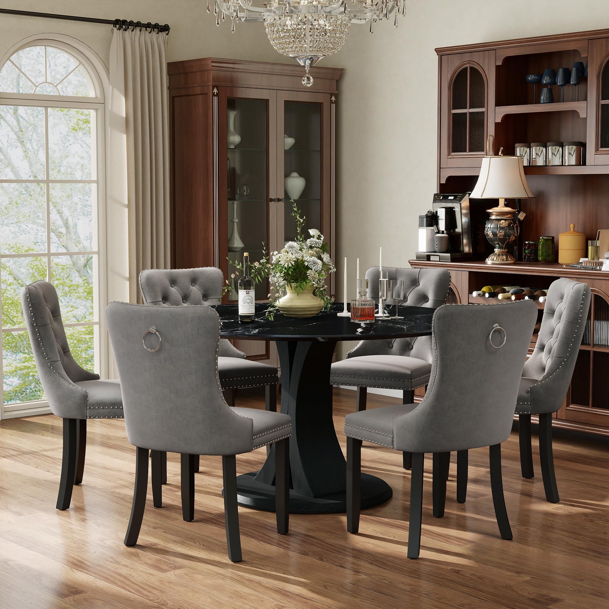 7-Piece Dining Table Set for 6 with 47 In Black Faux Marble Round Table