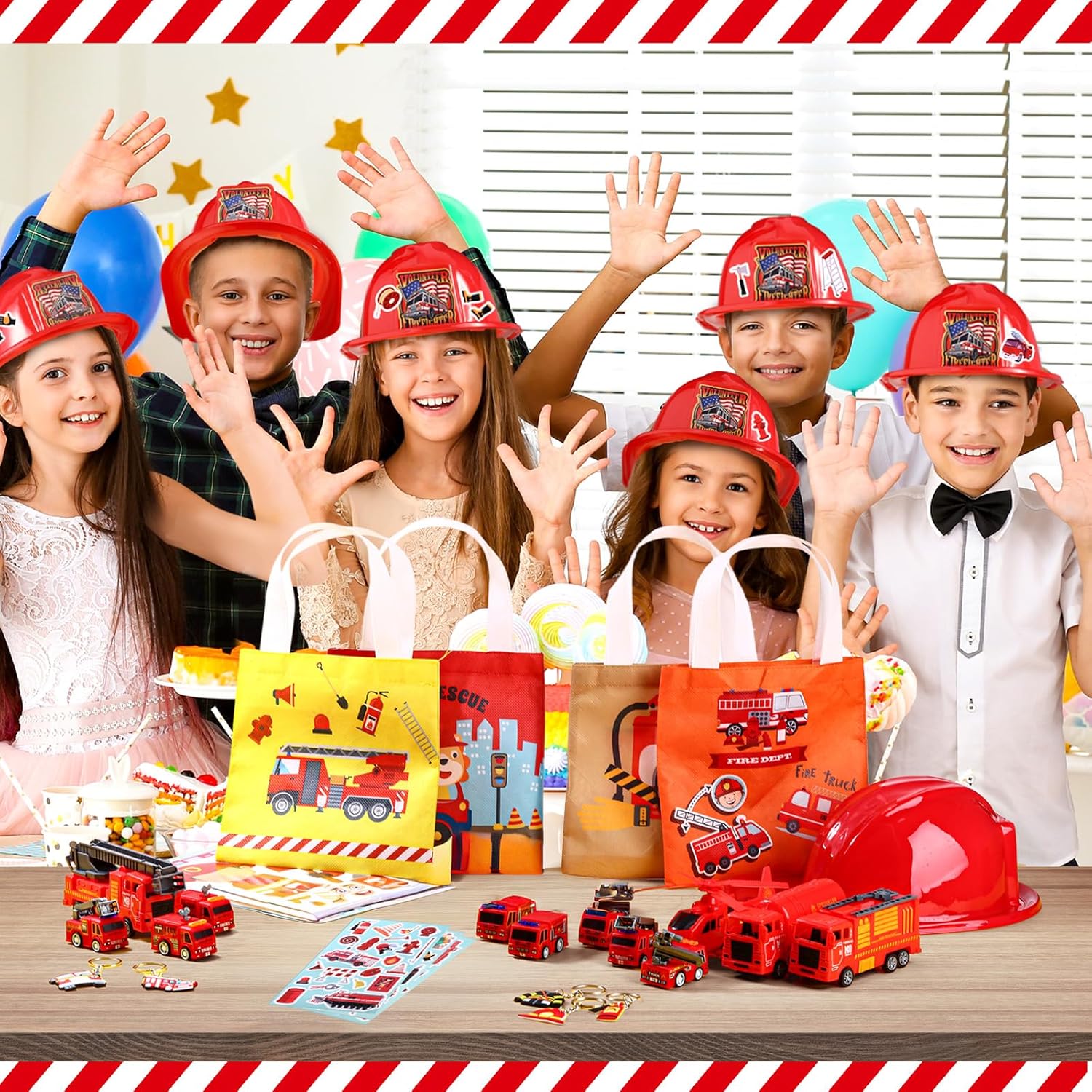 Funtery 96 Pcs Fireman Party Supplies Firetruck Party Supplies 12 Firefighter Helmets 12 Firetruck Gift Bags 12 Mini Fire Truck Toys 12 Stickers 12 Slap Bracelets 12 Keychains 24 Face DIY Sticker