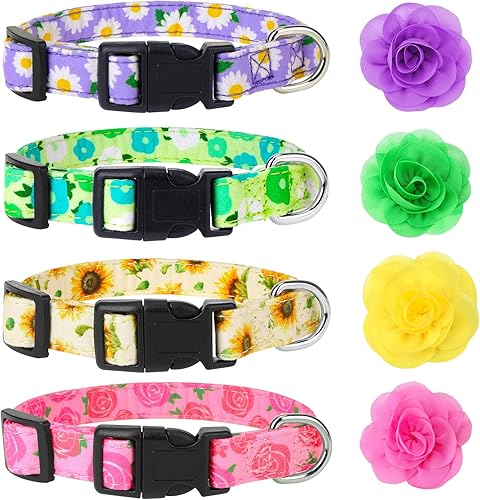 XLSXEXCL Paquete de 4 collares de flores para perros y hembras con flores extraíbles, ajustables, de seguridad, para cachorros, hembras, perros