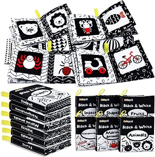 Dr.Rapeti 6-Pack Soft Cloth Baby Books - High Contrast Black White Crinkle Bath Toys, Washable Chewable Non-Toxic for Infants Toddlers Educational Gift