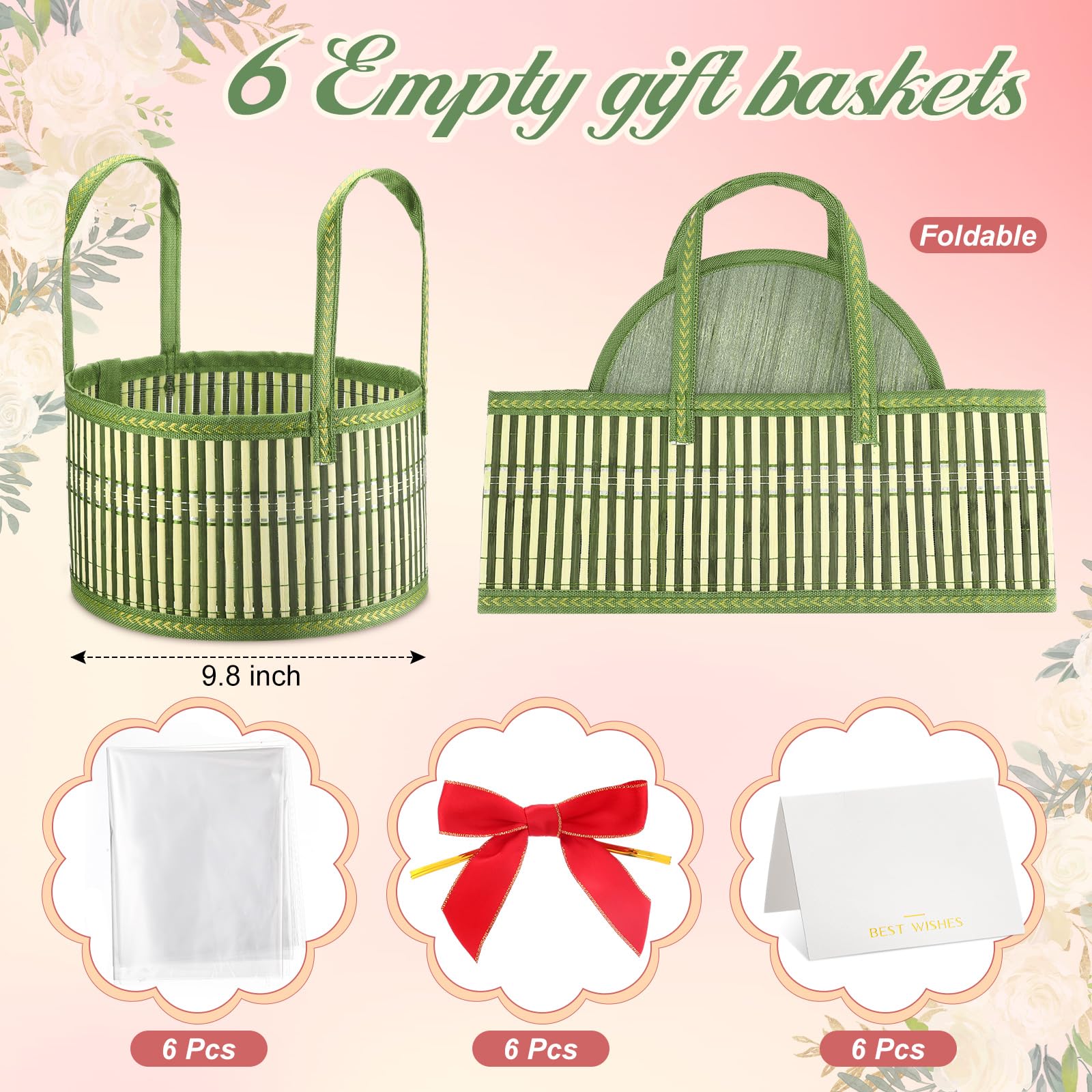 Weysat 6er-Set Körbe für Geschenke, leer, Valentinstag, DIY, Großpackung aus gewebtem Bambus, Geschenkkorb-Set mit Griff, Wickeltasche, rote Schleife zum Befüllen für Hochzeit, Geburtstag, Party
