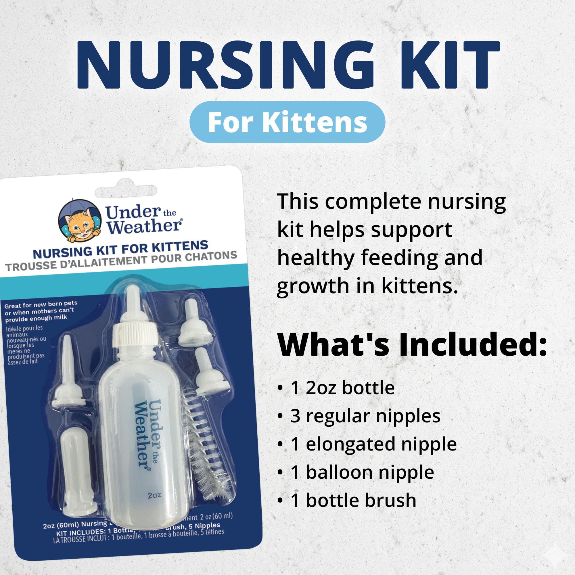 Under the Weather Polvere sostitutiva del latte per gattini + kit biberon | Formula sostitutiva del latte con colostro, biberon, 5 misure per capezzoli e spazzola per la pulizia | Set completo per