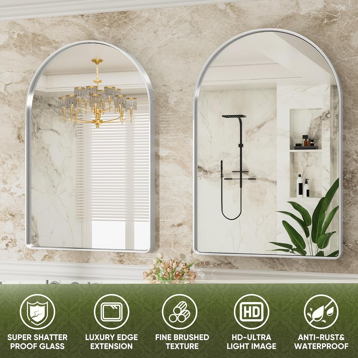 Suidia 24 x 36 Bathroom Mirror, Bathroom Vanity Mirror Metal Framed, Wall-Mounted Mirrors for Bedroom, Living Room, Entryway, Hallway, Silver, Arch Style