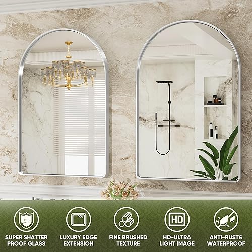 Miniatura 8 de Espejo de baño, espejo de pared de 24 x 36 pulgadas para baño, espejos arqueados, marco de metal cepillado, espejo de baño plateado para sala de