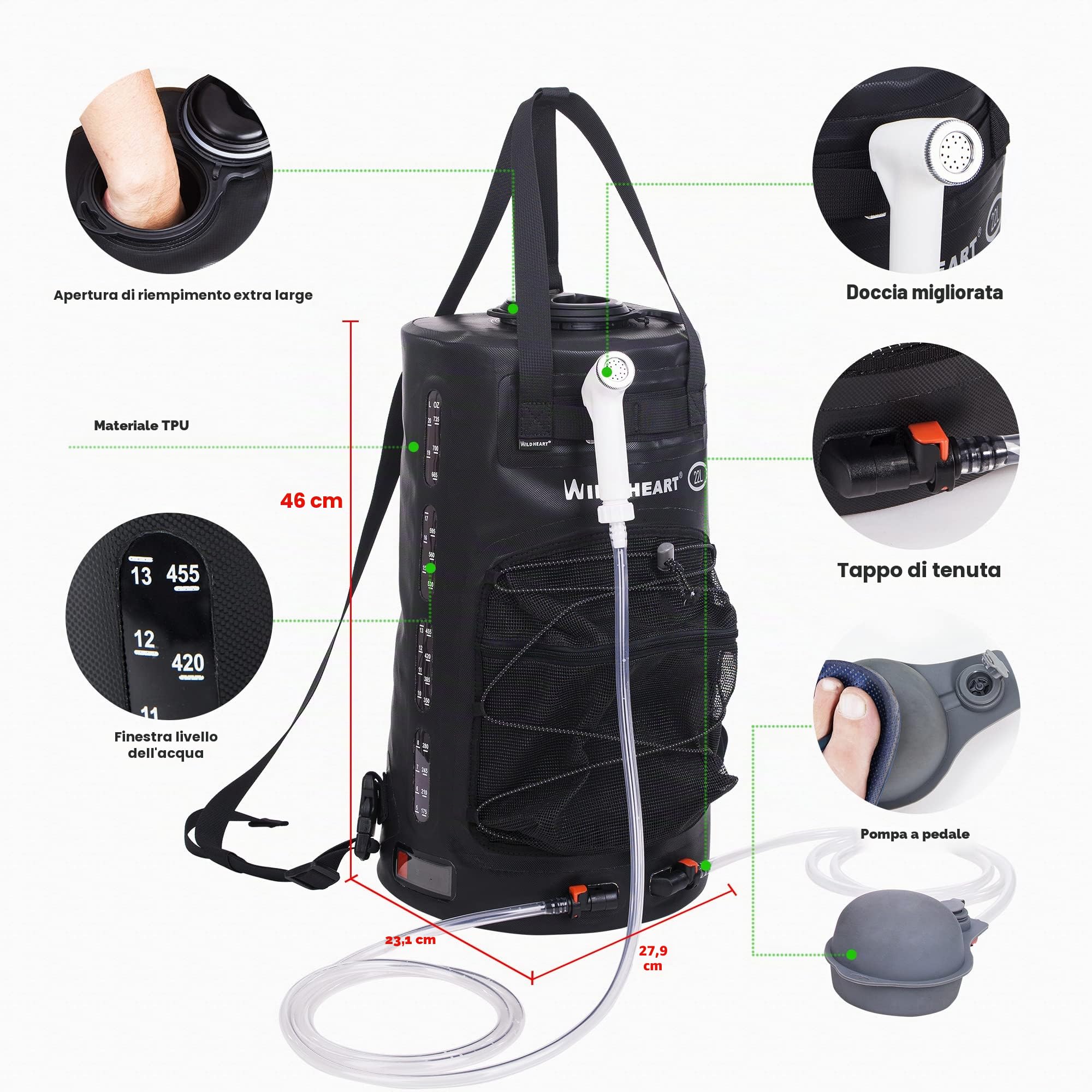 WILD HEART Doccia da Campeggio - Doccia Portatile 22L per Campeggio con Pompa a Pedale a Pressione e Tubo - Zaino per Doccia Solare per Campeggio