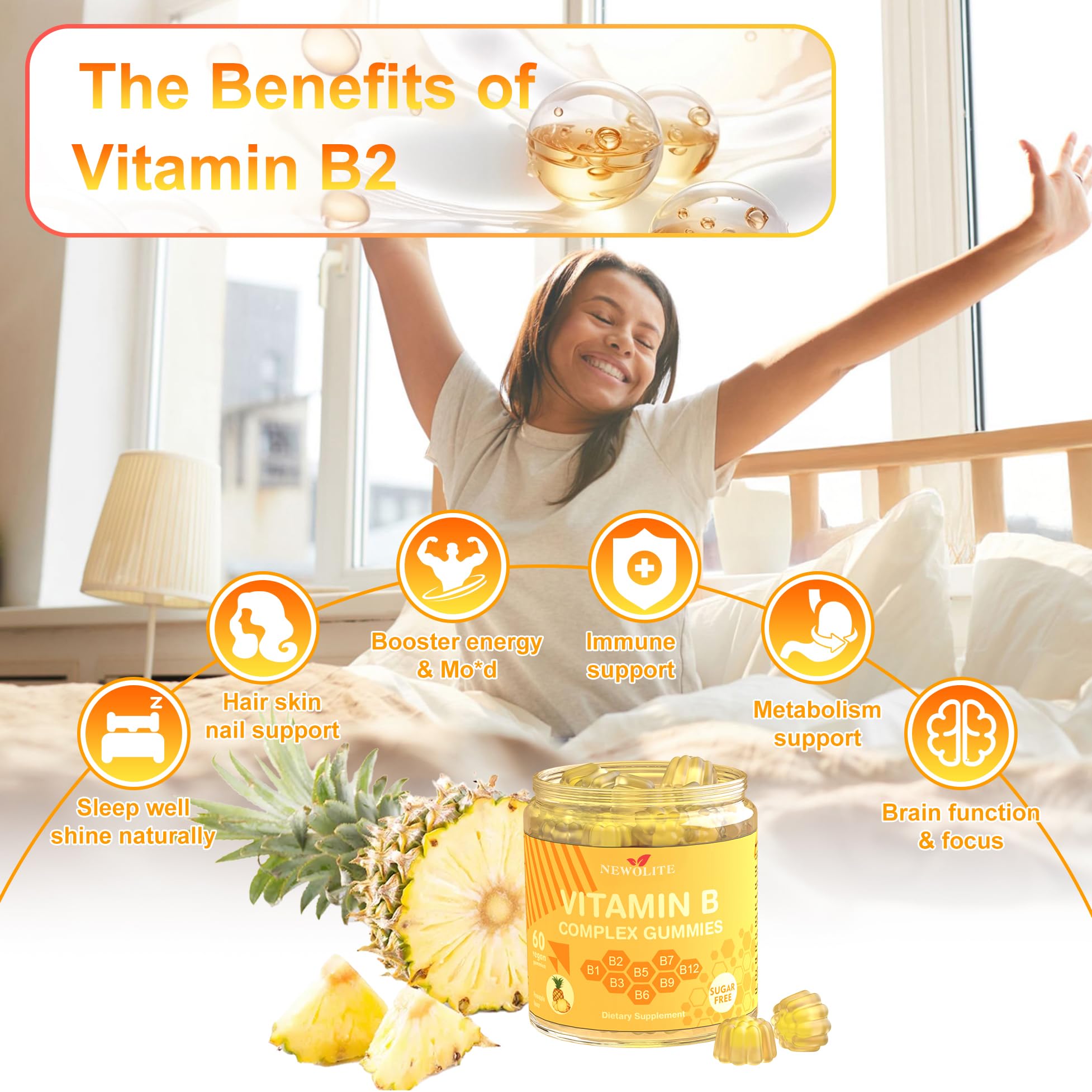 Vitamin B Complex Gummies for Adult Kid-Pineapple Flavor-Chewable Supplement with 8 Essential B Vitamins (B1, B2, B3, B5, B6, B7, B9, B12) Non GMO,Vegan 60 Count — Amazon image 4