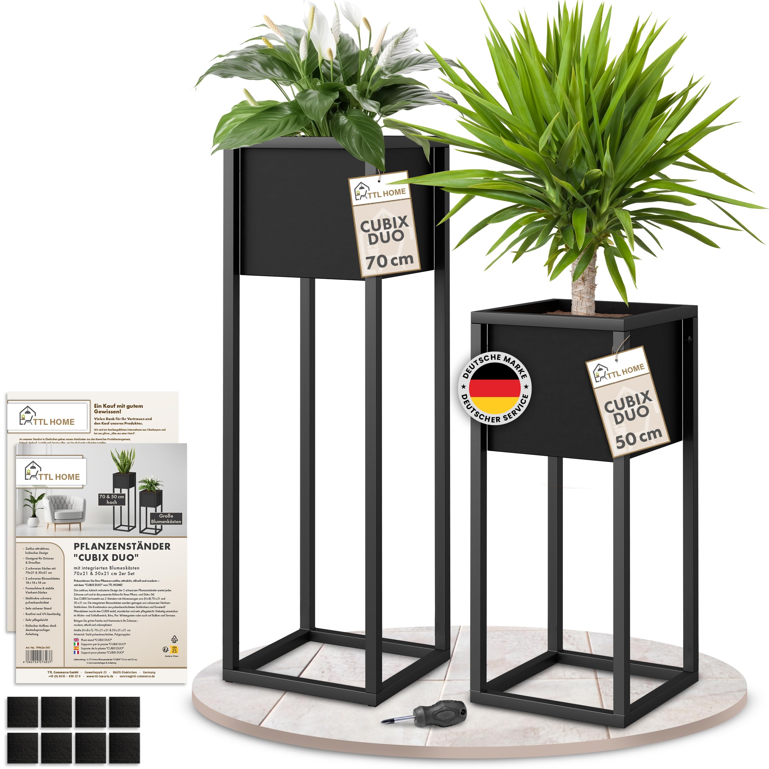 Blumenständer CUBIX DUO 2er Set - 50 und 70 cm hoch Metall schwarz
