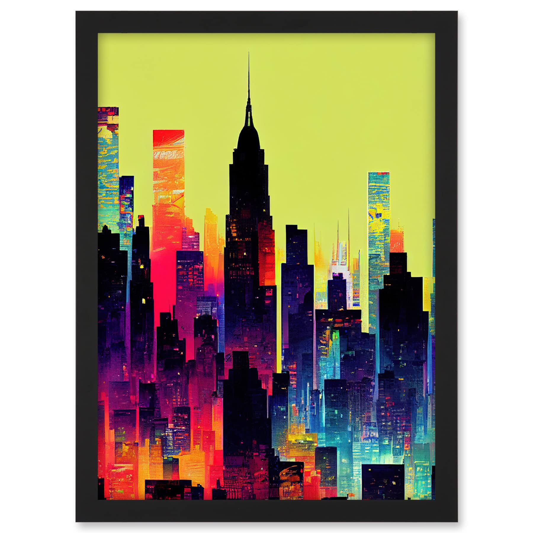 Wee Blue Coo New York Vibrant Multi Coloured Graphic Design Skyscraper Cityscape Silhouette Artwork Framed A3 Wall Art Print