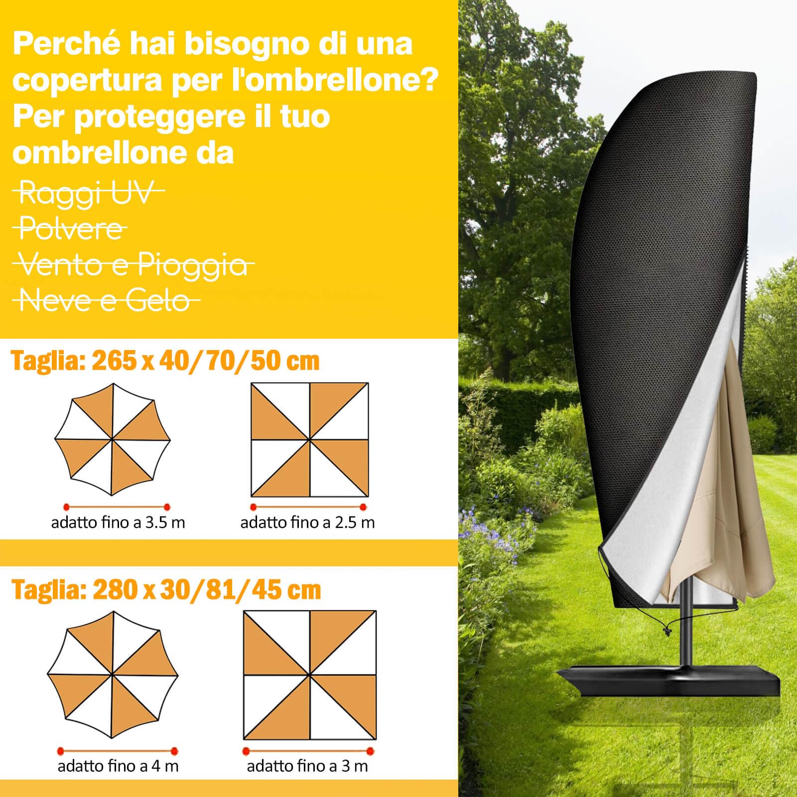 Reinalin Copertura per Ombrellone, Impermeabile Copertura Ombrellone da Giardino con Cerniera e Palo, Tessuto Oxford, Antivento, Anti-UV (265 x 40/70/50 cm)