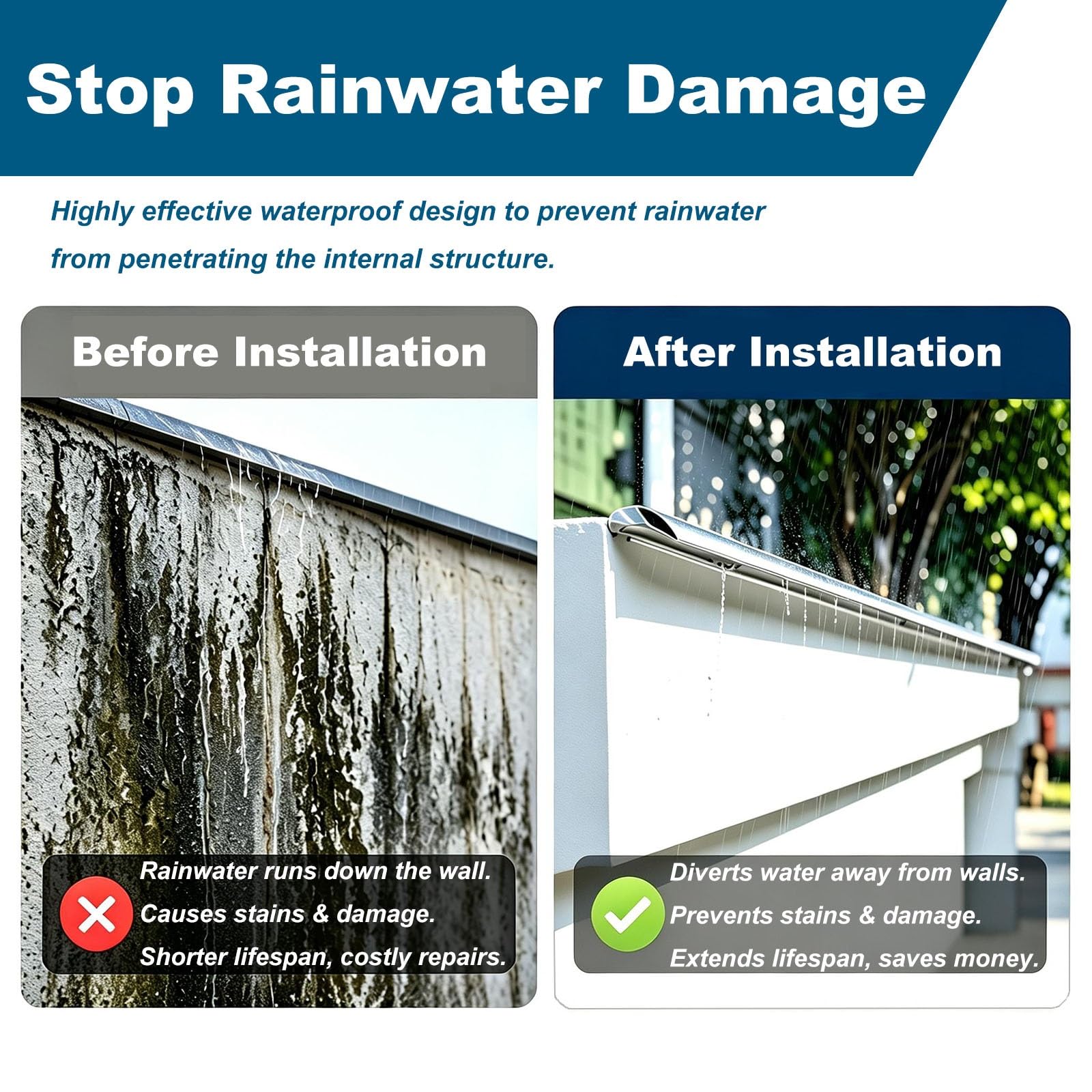 Protector goterón lluvia, moldura protección pared exterior, W80mm | Banda impermeable para alféizar ventana, evita daños humedad, reflujo agua, hormigón, azulejos(L2.2m (7.2ft))