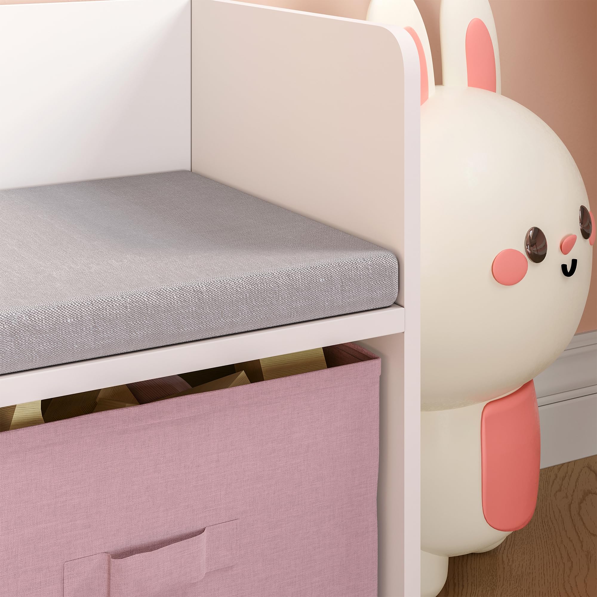 [en.casa] Estantería Infantil Vipsali en Forma de Casa con Banco 4 Compartimentos Abiertos 2 Cajas Plegables 1 Cajón Librería para Niños Niñas 100 x 99 x 30 cm - Rosa/Blanco