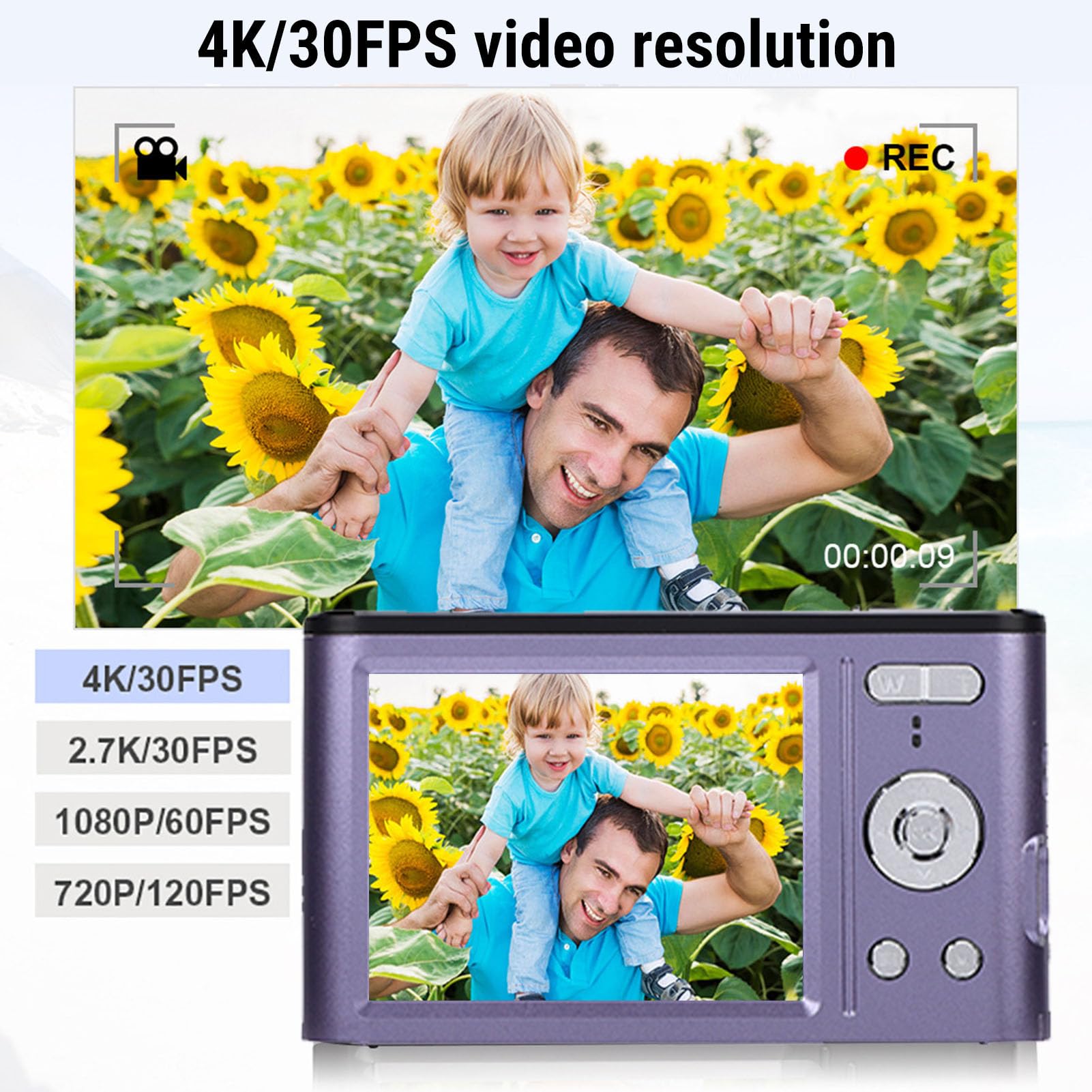 Bewinner Camera Digitale 4K per Fotografia, Fotocamera da Vlogging da 48 MP con Schermata da 3 ", Luce di Riempimento a LED, Videocamere da Viaggio Compatto Zoom 18x Zoom per Principianti (Viola)