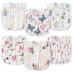 Zainpe 6Pcs Snap Muslin Cotton Baby Bibs Spring Butterflies Flowers Bib with 6 Absorbent Soft Layers Adjustable Burp Cloths for Infant Girl Boy Toddler Drooling Eating Teething Feeding 0 to 24 Months