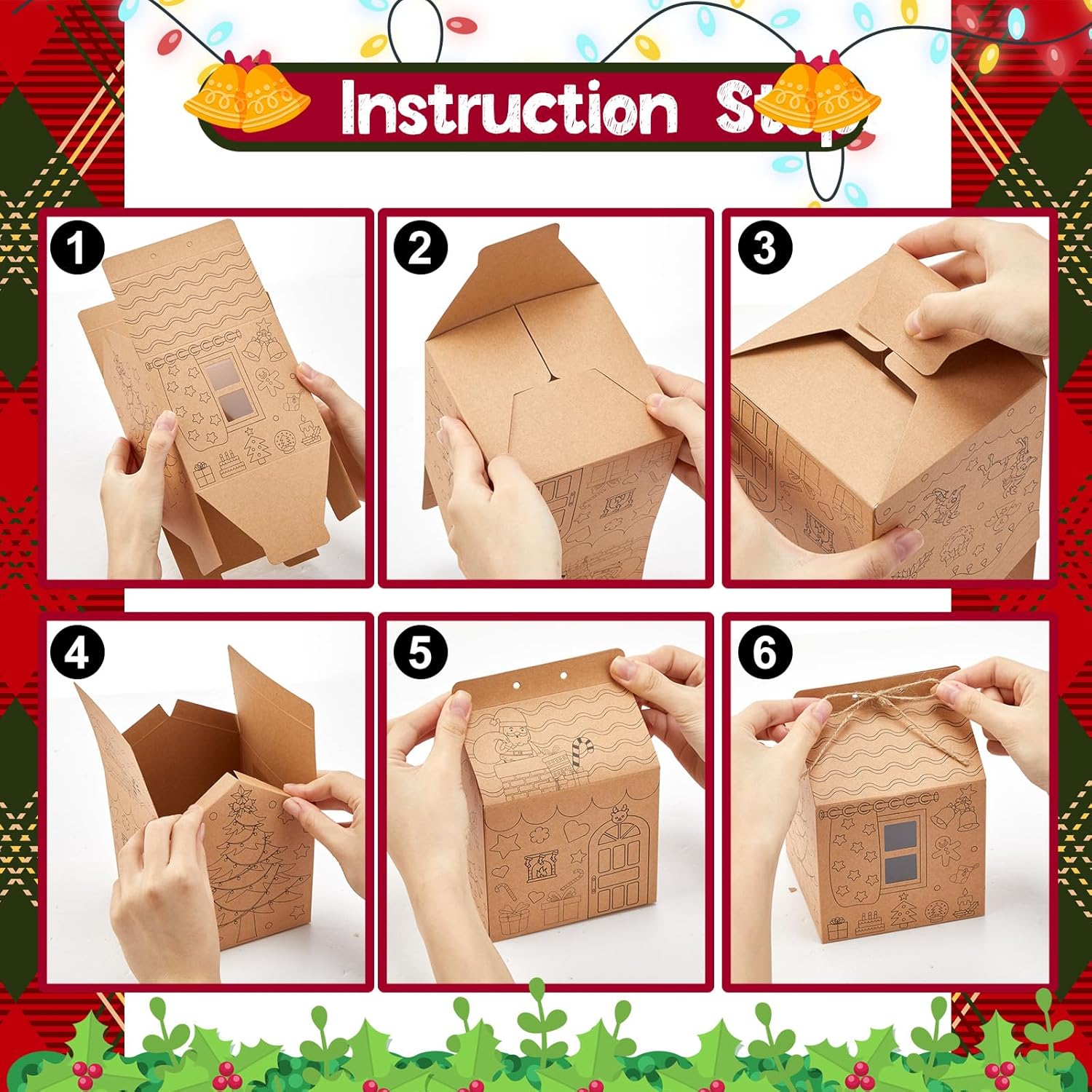 Harloon 24 Sets Gingerbread Paper Coloring Houses DIY Craft Color Your Own Cardboard Gingerbread House Kit Christmas Coloring Kraft House for Christmas Holiday Party Favor Gift