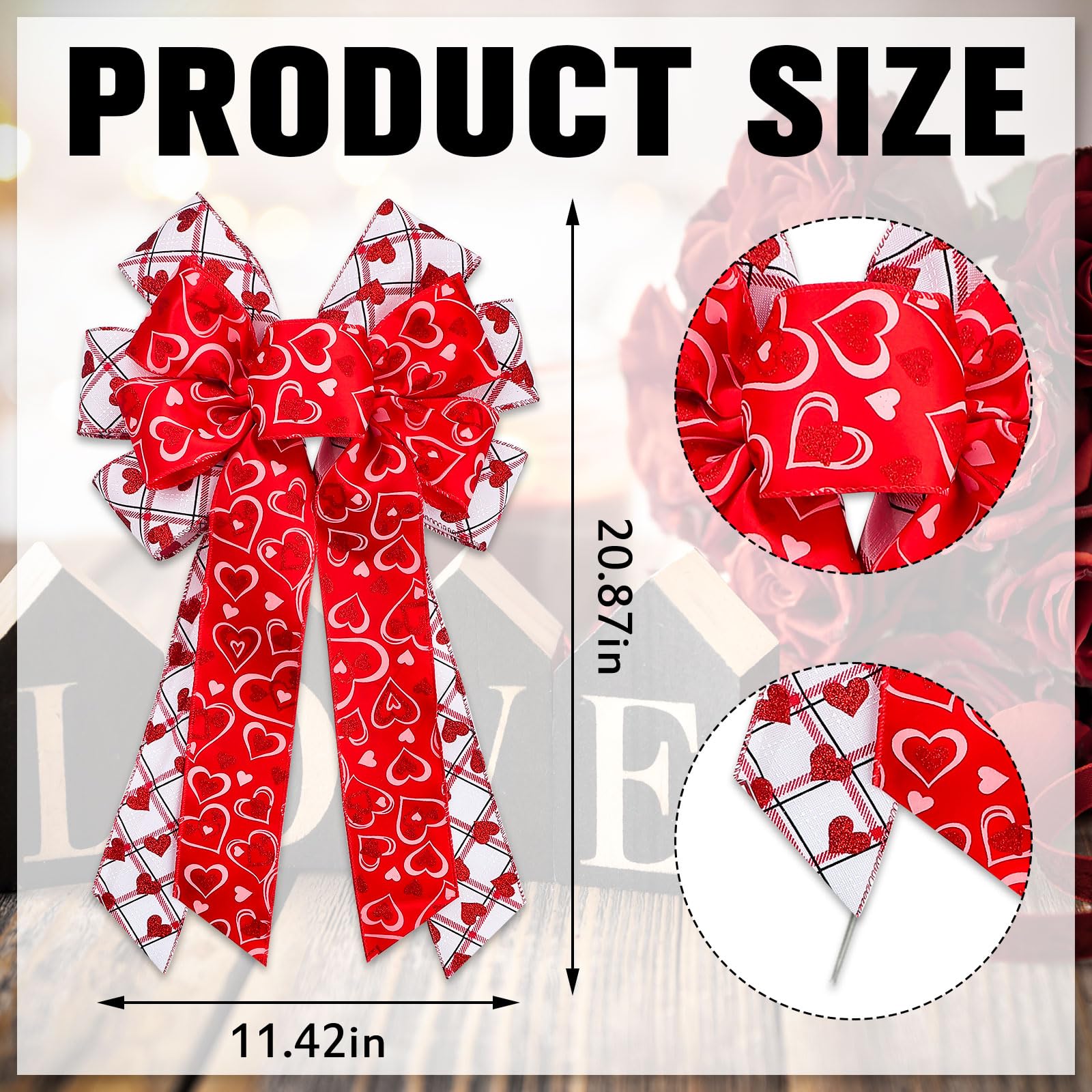 Habbiful Large Mother's Day Bow for Wreath, Spring Red Heart Wreath Bow for Front Door Red White Buffalo Plaid Bow for Mother's Day Anniversary Wedding Party Home Decoration