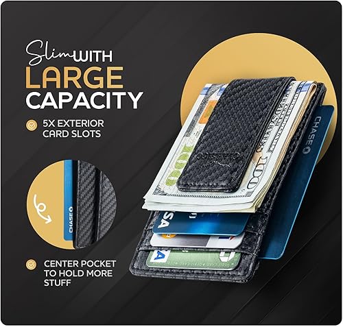Miniatura 3 de Billetera de cuero con clip para dinero, bolsillo frontal delgado, bloqueo RFID con imán súper fuerte