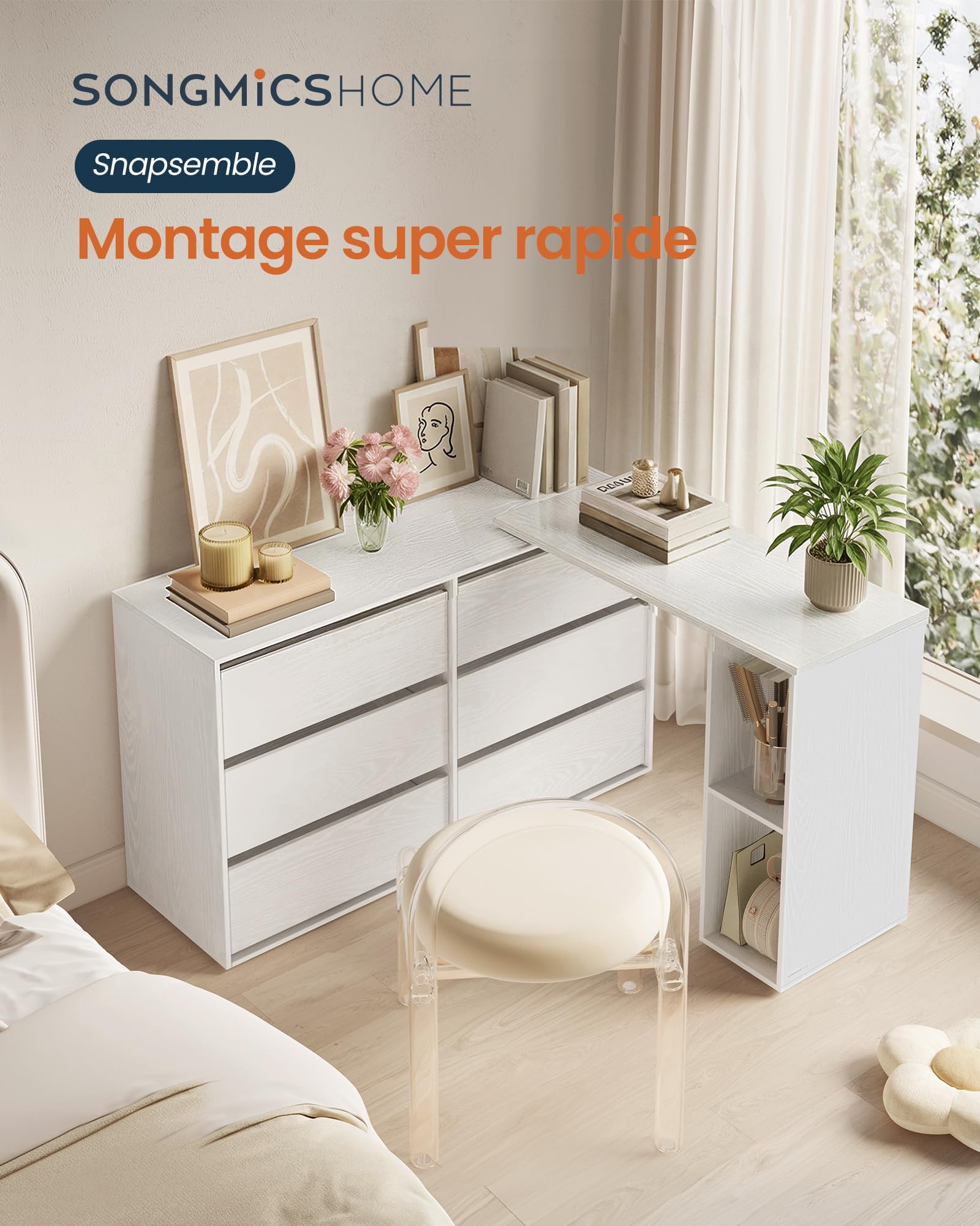 SONGMICS HOME Commode Chambre, Assemblage Rapide sans Outils Toolless, Coiffeuse, Meuble de Rangement, avec Étagère, Côte à Côte ou en L, pour Chambre, Bureau, Blanc Neige LTS656W01