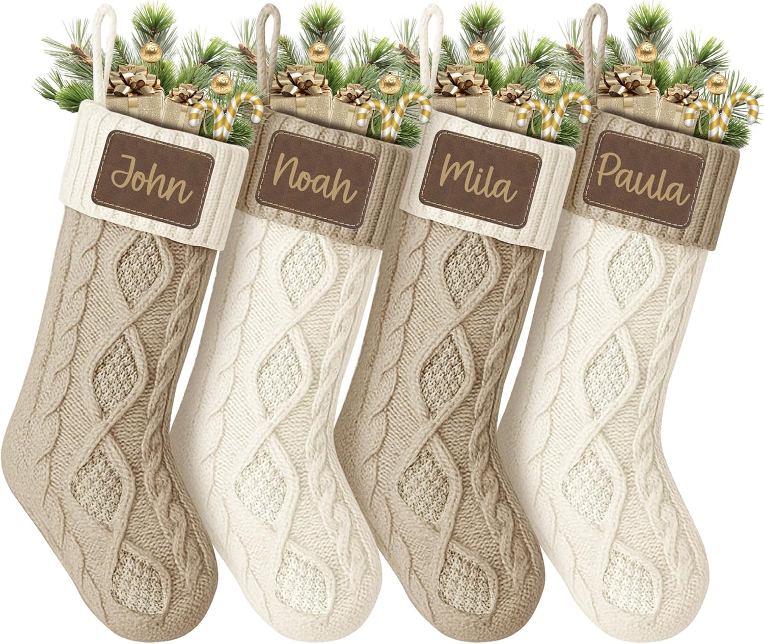 Printualist Personalized Knit Christmas Stockings with PU Leather Patch - Laser Engraved Name - Custom Holiday Decor - Khaki/Ivory Knit - 4 Pack
