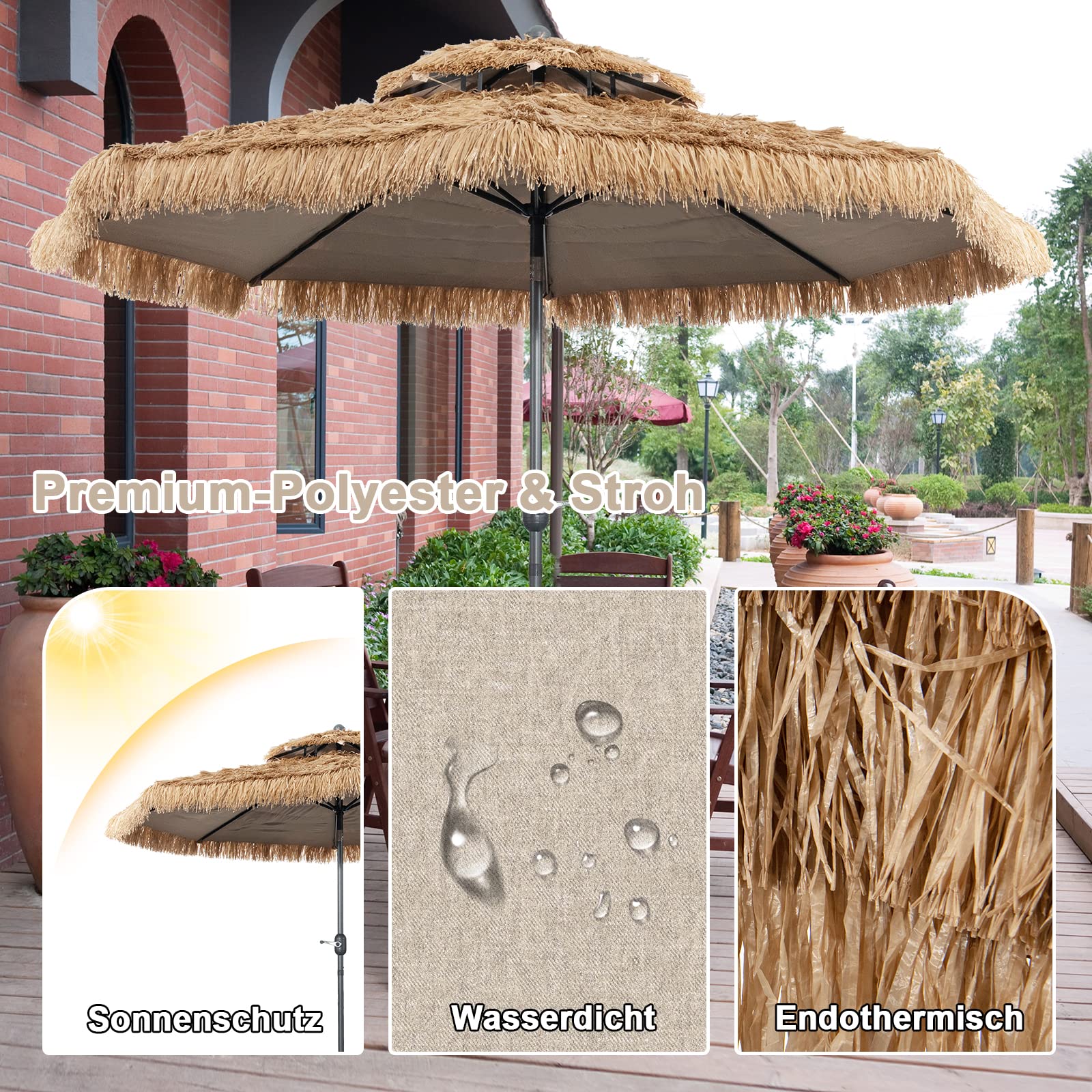 RELAX4LIFE Hawaii Sonnenschirm 300 cm, Reisstroh Strandschirm, Strohschirm mit Neigungsfunktion, Balkonschirm mit Doppeldach, Gartenschirm UV-beständig, Terrassenschirm für Garten & Strand
