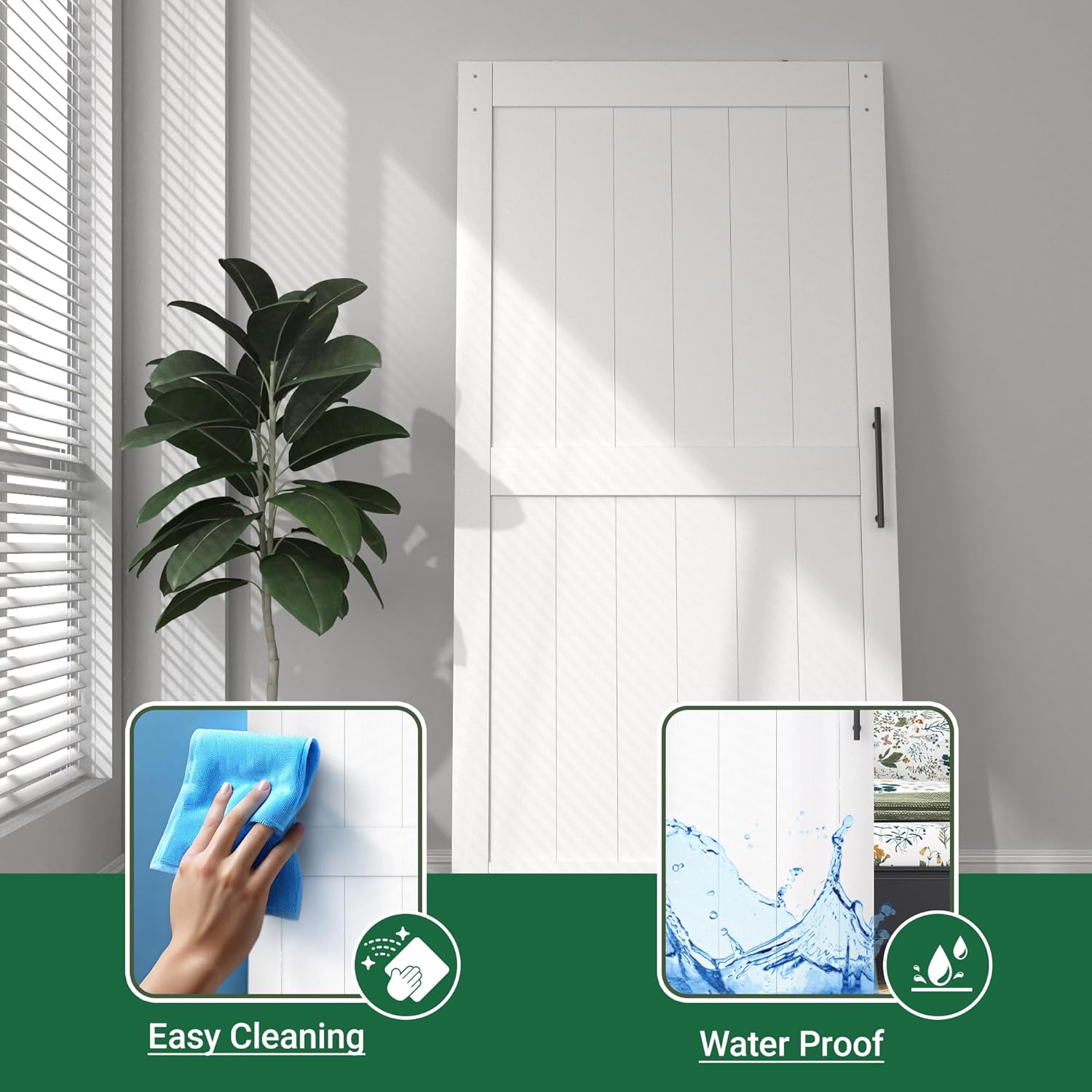 50 in x 84 in White Sliding Barn Door with 9FT Hardware Kit, Floor Guide and Handle Included, Waterproof PVC Surface, Pre-Drilled Holes Easy Assembly, H-Frame White
