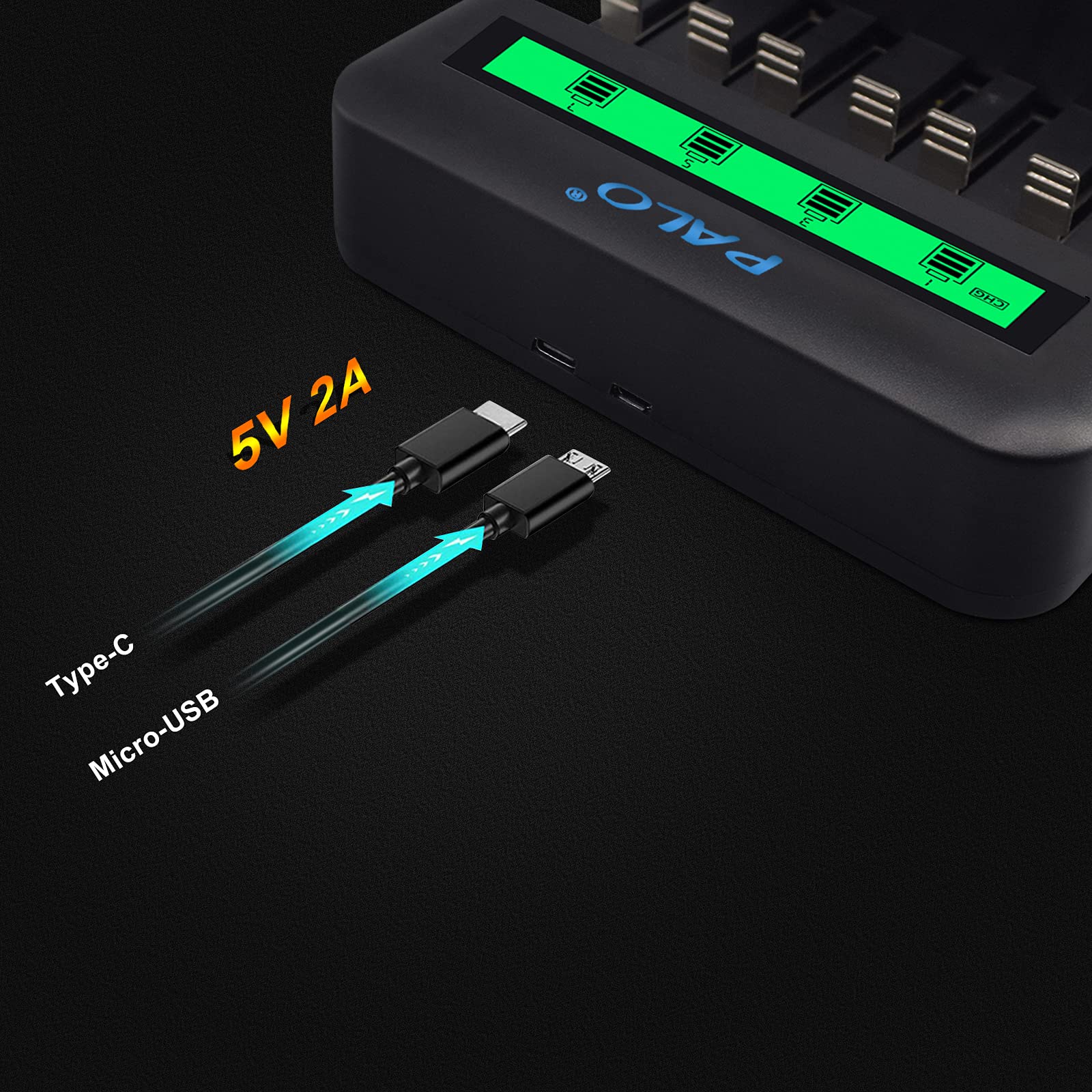 - Paquete de 4 baterías recargables de alta capacidad de 8000 mAh con cargador de batería universal para AA AAA C D