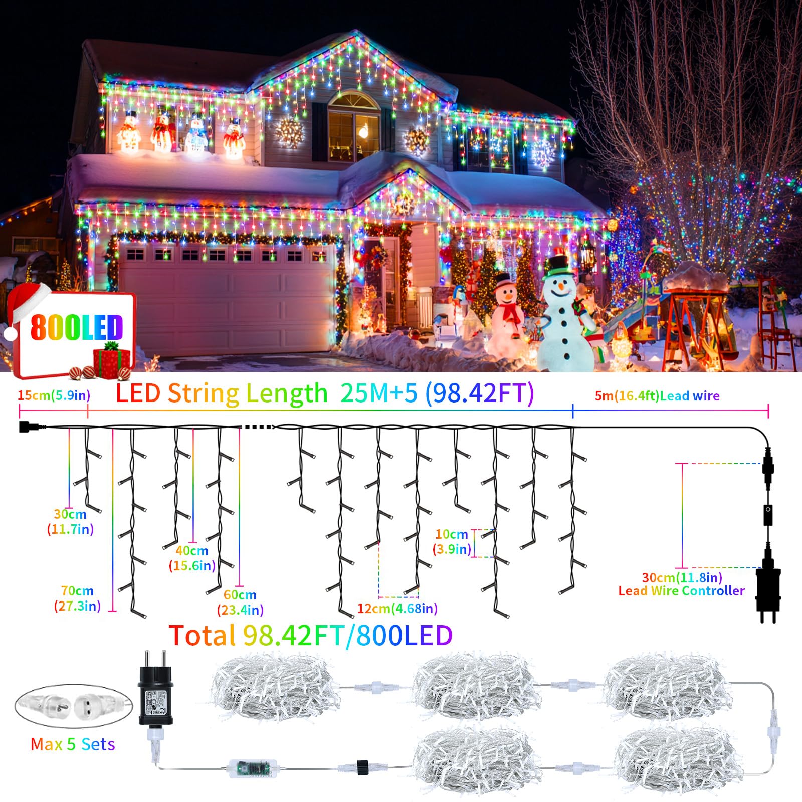25+5M 800LED Renouvelable Guirlande Lumineuse Extérieure, 3 In 1 Guirlande Noel Extérieure avec 8 Modes, Timer, Fonction Mémoire Rideau Lumineux Noë, pour intérieur extérieur Deco Noel Extérieur