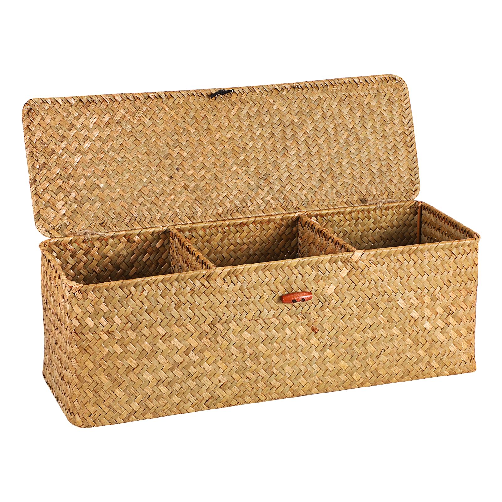 Moosky Canastas de mimbre con tapa, cesta de hierba marina para almacenamiento, cestas tejidas rectangulares, cajas de 3 secciones, organizador de decoración del hogar (natural, grande)