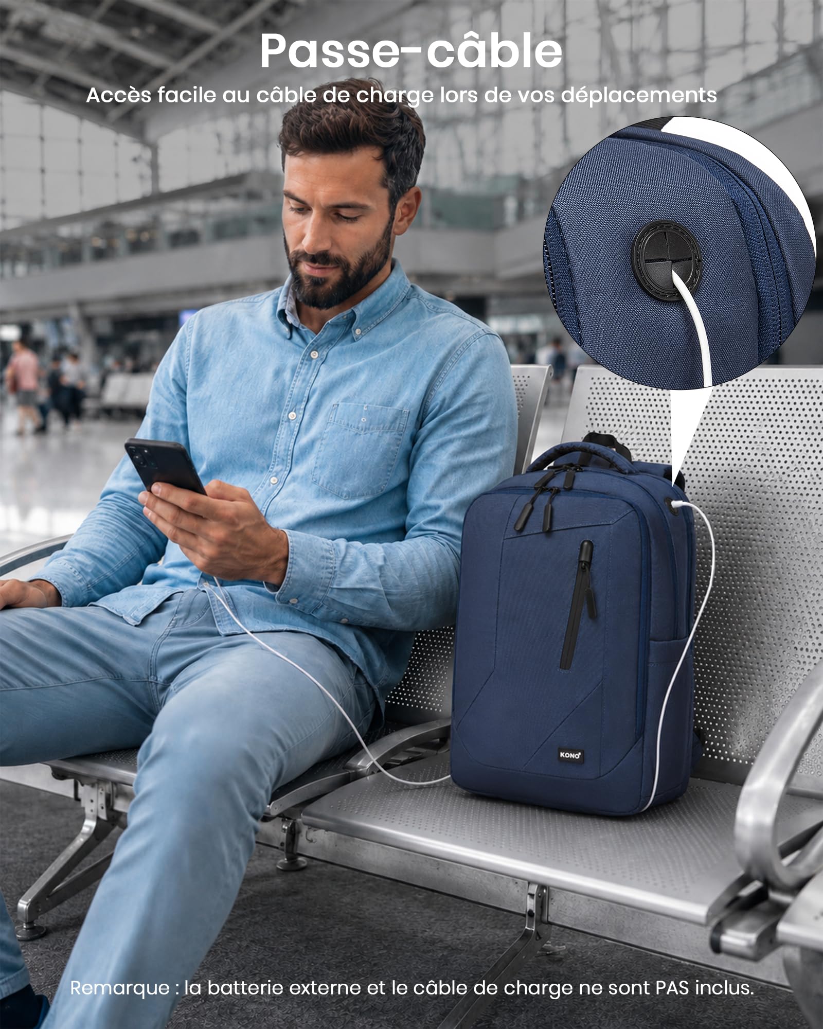 Kono Sac à Dos Ordinateur 15,6 Pouces PC Portable Homme Femme, Bleu Marine