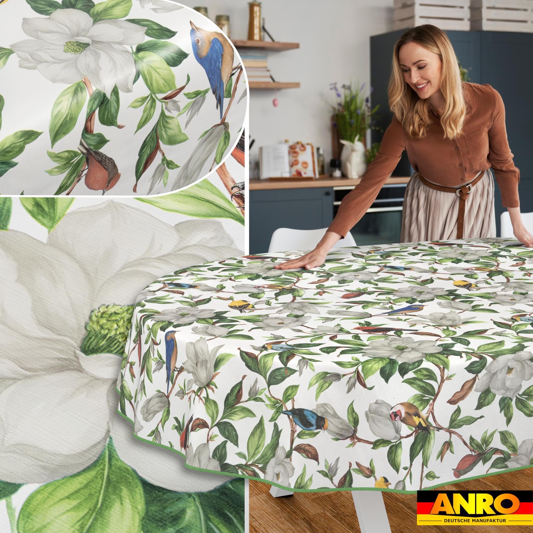 Mantel de hule lavable, fácil de limpiar, impermeable, efecto loto, para jardín, Calibri, ovalado, 280 x 140 cm, con dobladillo (ribeteado)