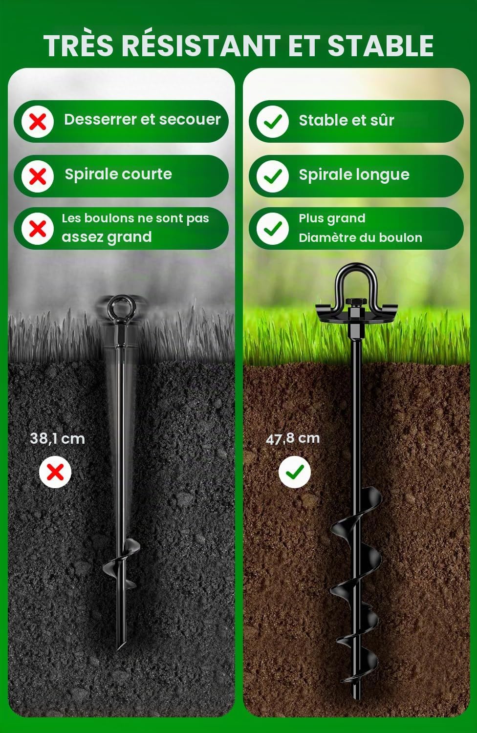 Piquets 40 cm 4 pièces avec Sangles, Double Fixation pour ancrages au Sol