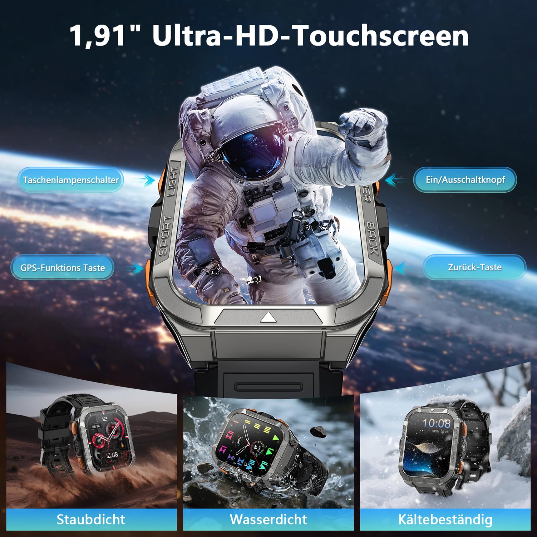 Blackview Smartwatch Herren mit integriertem GPS & Kompass, Bluetooth-Anrufe, 900 mAh Akku, Sportuhr mit Schrittzähler, Fitnessuhr, 110+ Sportmodi, Gesundheits und Schlafmonitor, Uhr für Android iOS