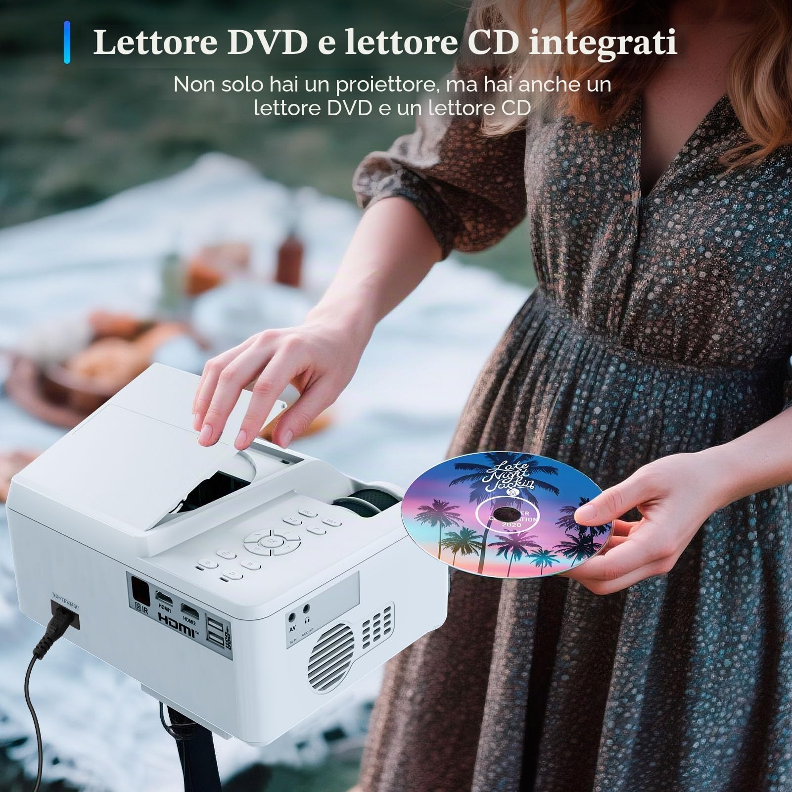 Proiettore DVD portatile con lettore DVD integrato, mini proiettore cinematografico con altoparlante integrato, compatibile con PC/TV/HDMI/USB/AV, schermo HD 1080P da 200 pollici per film