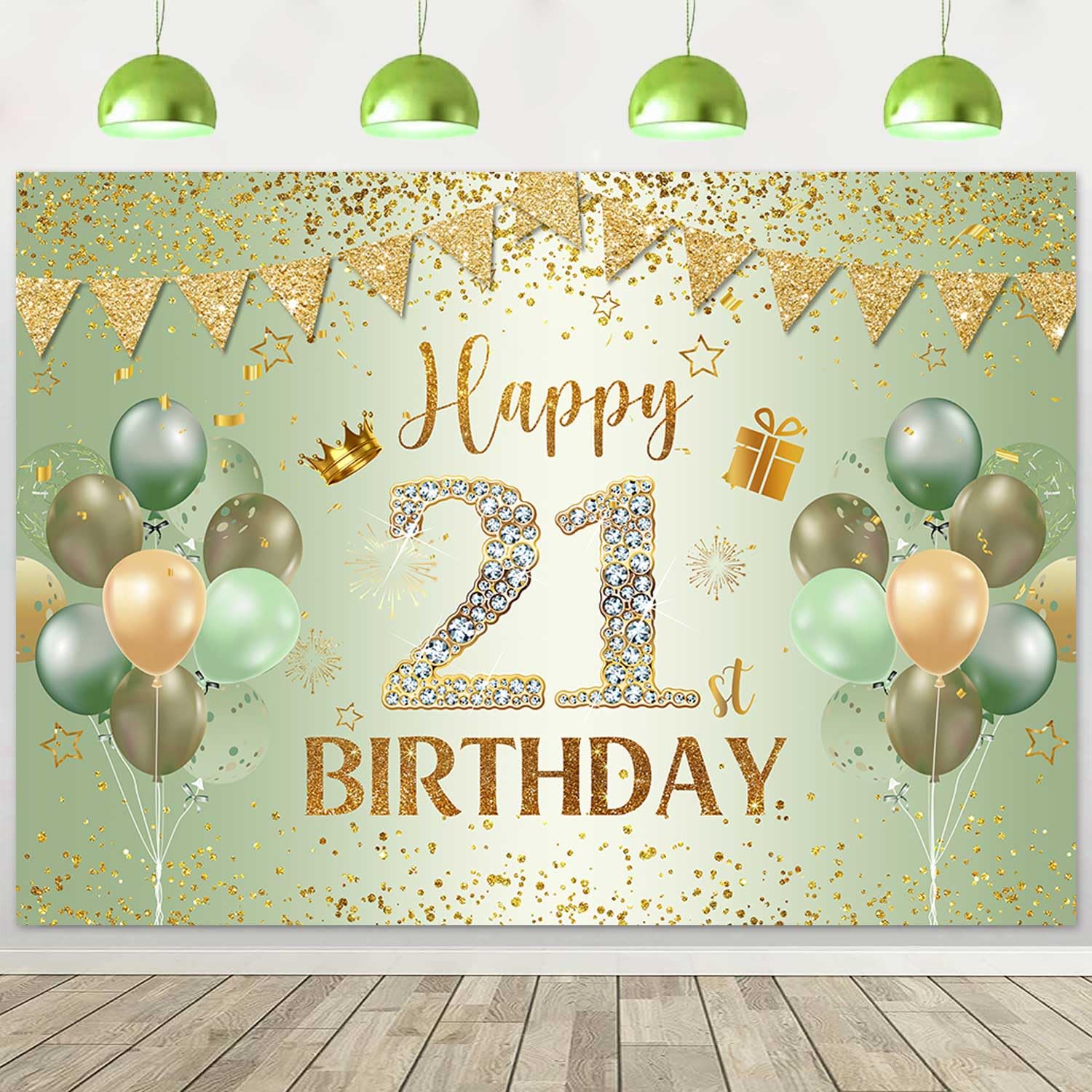 Ayayiya Happy 21st Birthday Backdrop Banner for Her Him, Sage Green Gold Balloons 21st Birthday Decorations Women Men 21 Year Old Bday Party